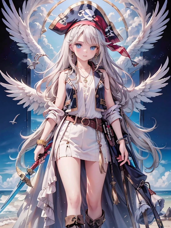 masterpiece, highest quality, Very detailed, 16k, Ultra-high resolution, Cowboy Shot, Detailed face, Perfect Fingers, One female, aged 14, blue eyes, Silver Hair, Long Hair, jewelry, belt, necklace, bracelet, earrings, pirate hat/bandana/headband, open clothes/shirt/vest/coat, boots, gloves, holding weapon, gun, knife, sword, ship, barrel, ocean