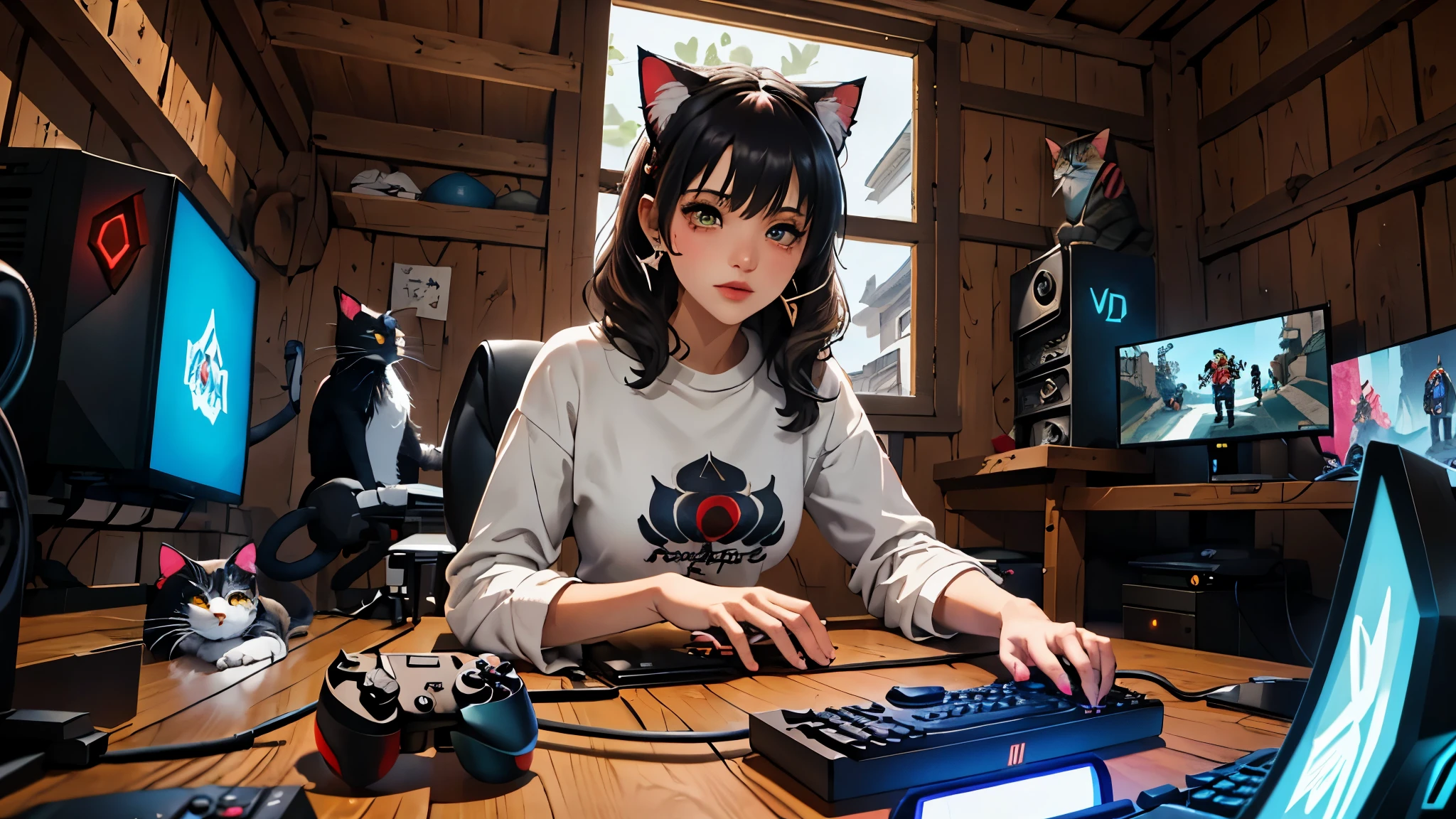 (junkotvv, black fur, fringe, ((cat ears)), Red eyes), in the foreground a villager is using a gaming computer inside a peasant house,peasants wearing renaissance clothing,Dur3r Style,(gaming computer monitor, keyboard (computer), cables, rgb games),horses,castle in the distance,(cat ears)