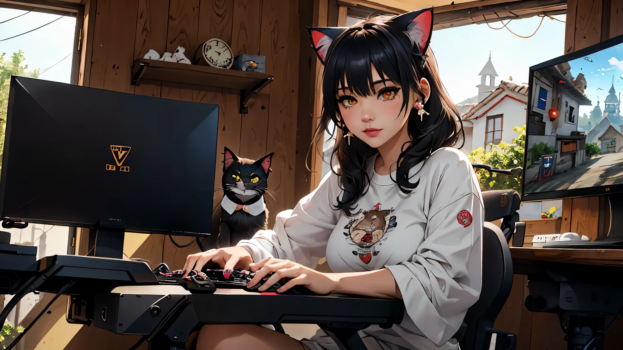 (junkotvv, fourrure noire, la frange, ((oreilles de chat)), des yeux rouges), in the foreground a villager is using a gaming ordinateur inside a peasant house,paysans portant des vêtements de la Renaissance,Style Dur3r,(gaming ordinateur monitor, clavier (ordinateur), Câbles, jeux RVB),les chevaux,château au loin,(oreilles de chat)