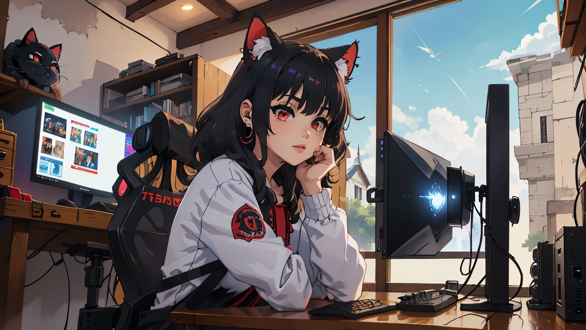 (junkotvv, black fur, fringe, ((cat ears)), Red eyes), in the foreground a villager is using a gaming computer inside a peasant house,peasants wearing renaissance clothing,Dur3r Style,(gaming computer monitor, keyboard (computer), Cables, rgb games),horses,castle in the distance,(cat ears)