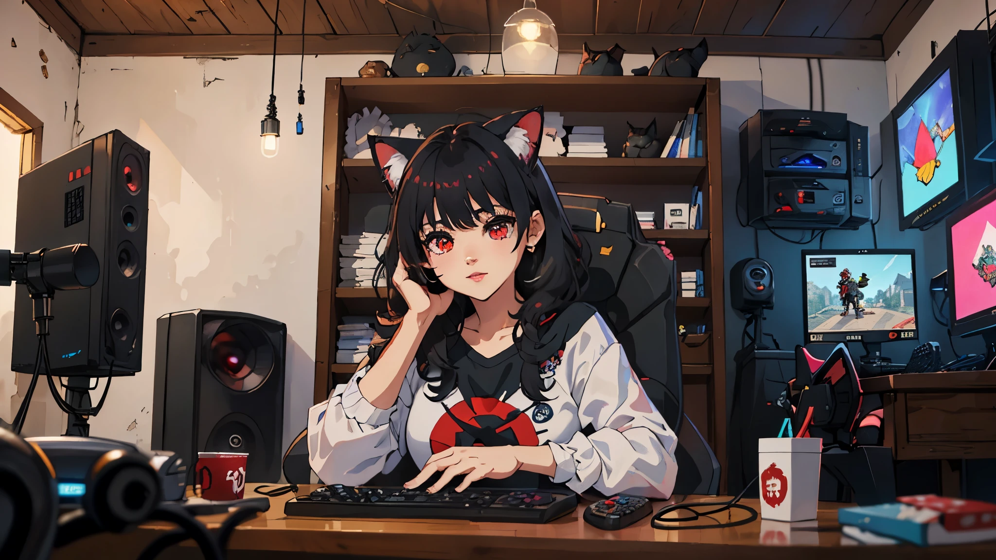 (junkotvv, black fur, fringe, ((cat ears)), Red eyes), in the foreground a villager is using a gaming computer inside a peasant house,peasants wearing renaissance clothing,Dur3r Style,(gaming computer monitor, keyboard (computer), cables, rgb games),horses,castle in the distance,(cat ears)