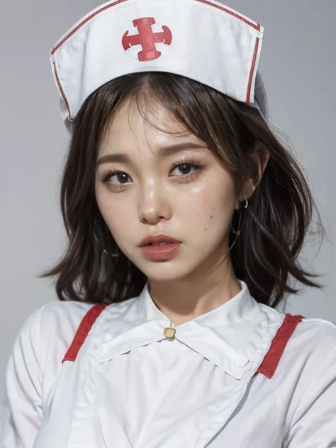 (highest quality、8k、best image quality)、woman, 20-year-old, short black wavy hair、((wearing a white nurse's uniform:1.5))、((she&...