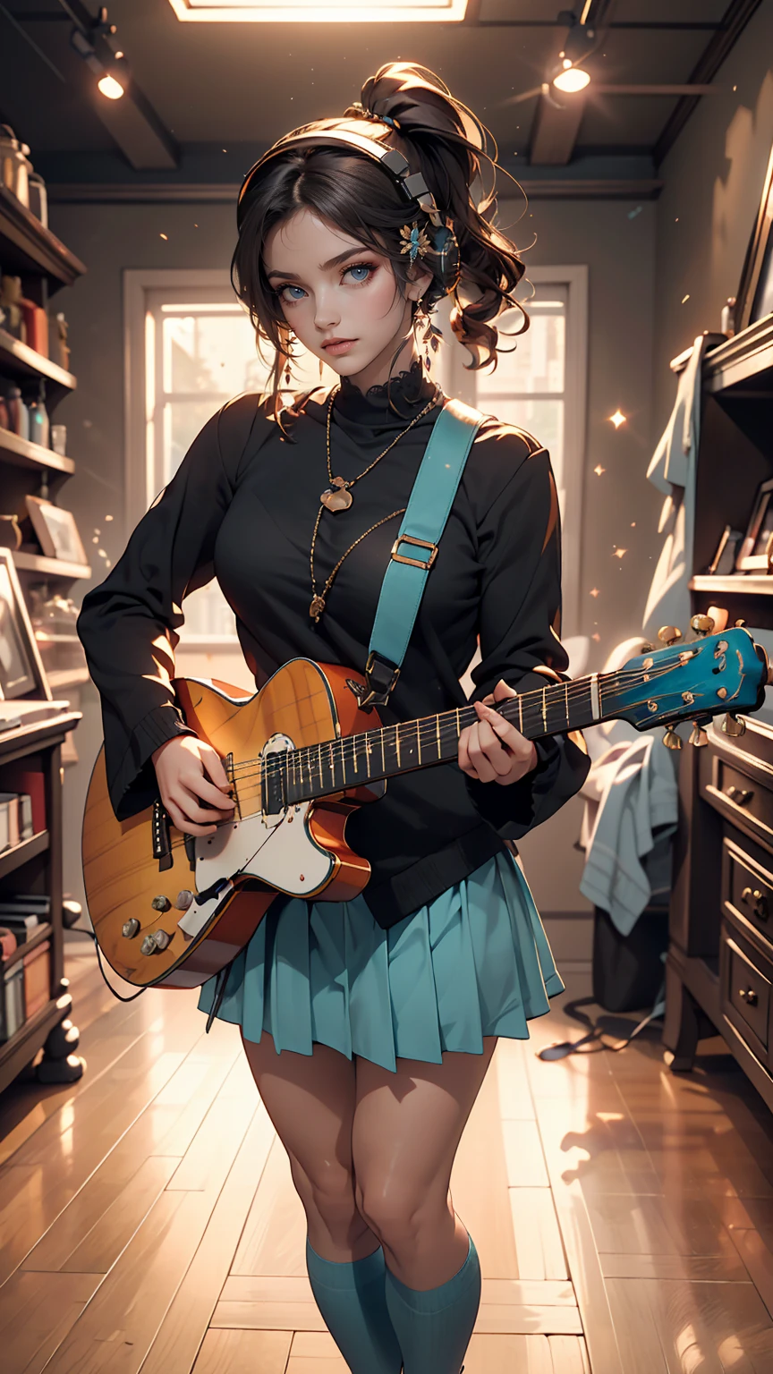 ((masterpiece, highest quality))One girl, alone, Black Dress, blue eyes, electric guitar, guitar, Headphones, Double Ponytail, Holding, Holding plectrum, musical instrument, Long Hair, music, One side up, Turquoise Hair, Twin tails, guitarを弾く, Pleated skirt, Black Shirt, interior