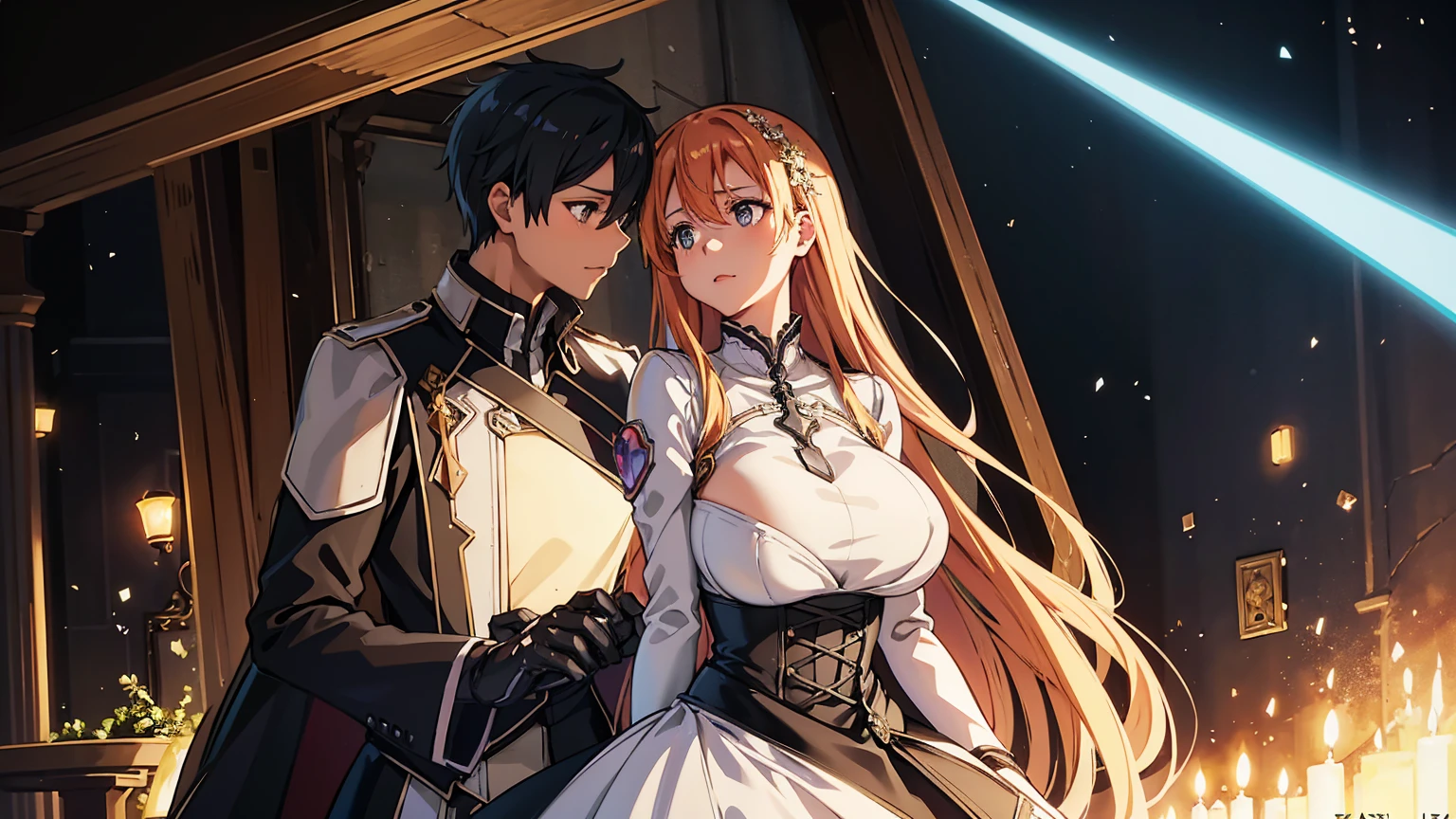 Kirito and Asuna black Wedding dress Two people standing in the wedding hall kissing mouth to mouth Super huge big breasts breast enlargement illustration, ultra-detailed, HDR, vibrant colrs, soft lighting official art