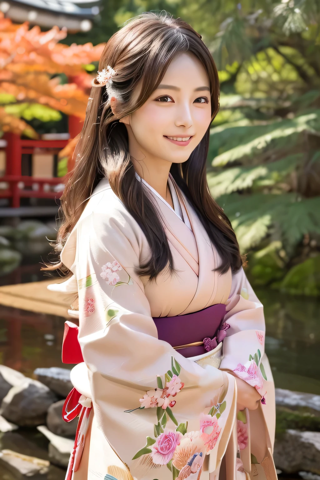 Japanese Model、Age 25、Natural Skin、170cm、60kg、whole body、front、Beautiful fine details, (Long Hair:1.2), (8k, highest quality, masterpiece:1.2), (Realistic, Realistic:1.37), Super detailed, 1 girl, cute, alone, (blush), (smile: 1.15), (Mouth closed)、Arms behind back、kimono、looking at the camera