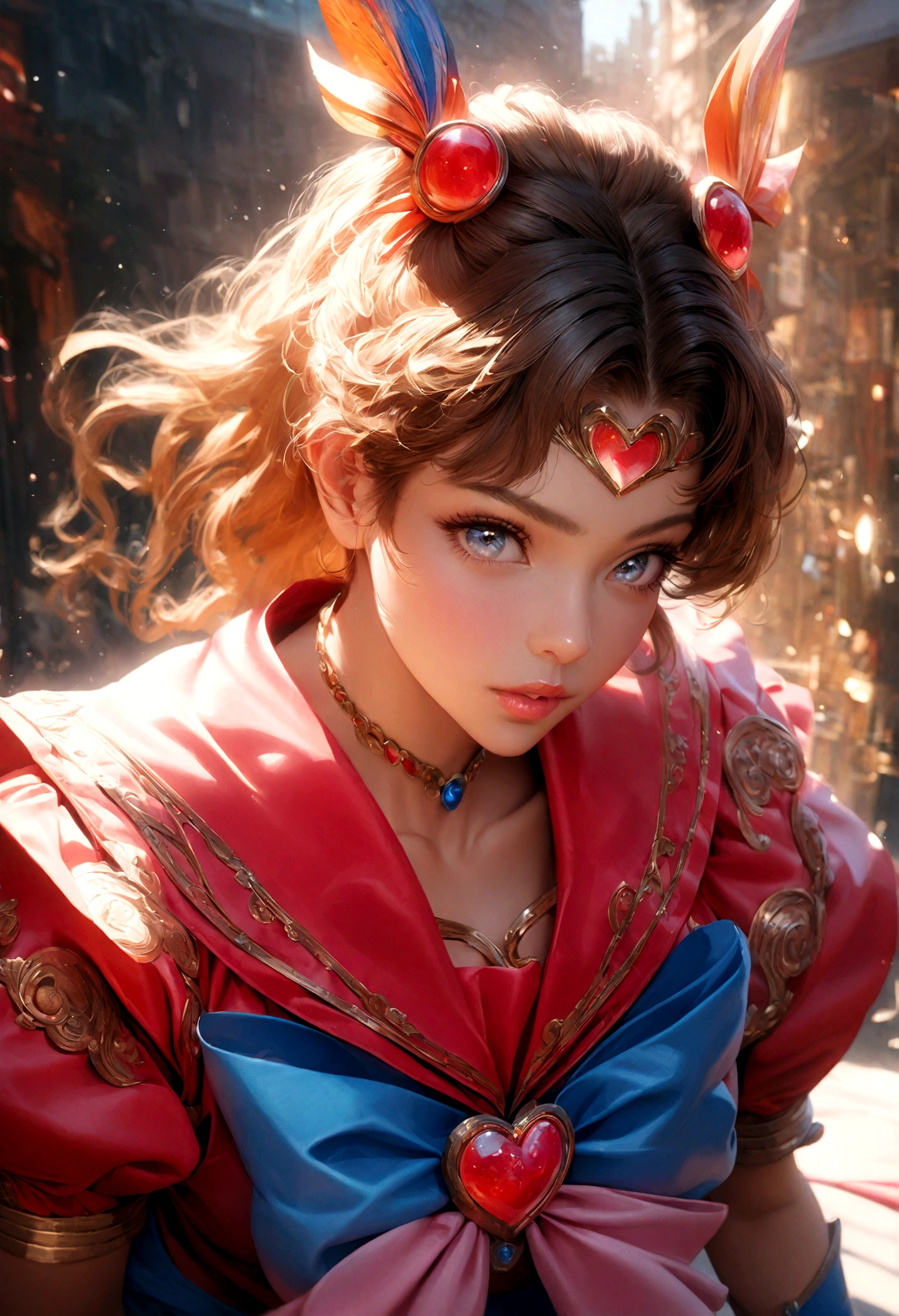 1girl, sailor venus, bishoujo senshi sailor moon, elegant detailed eyes, detailed facial features, long eyelashes, beautiful detailed lips, elegant detailed pose, highly detailed, masterpiece, 4k, hyper realistic, photorealistic, cinematic lighting, dynamic composition, intricate details, vibrant colors, soft dreamy atmosphere, magical girl fantasy, full body shot