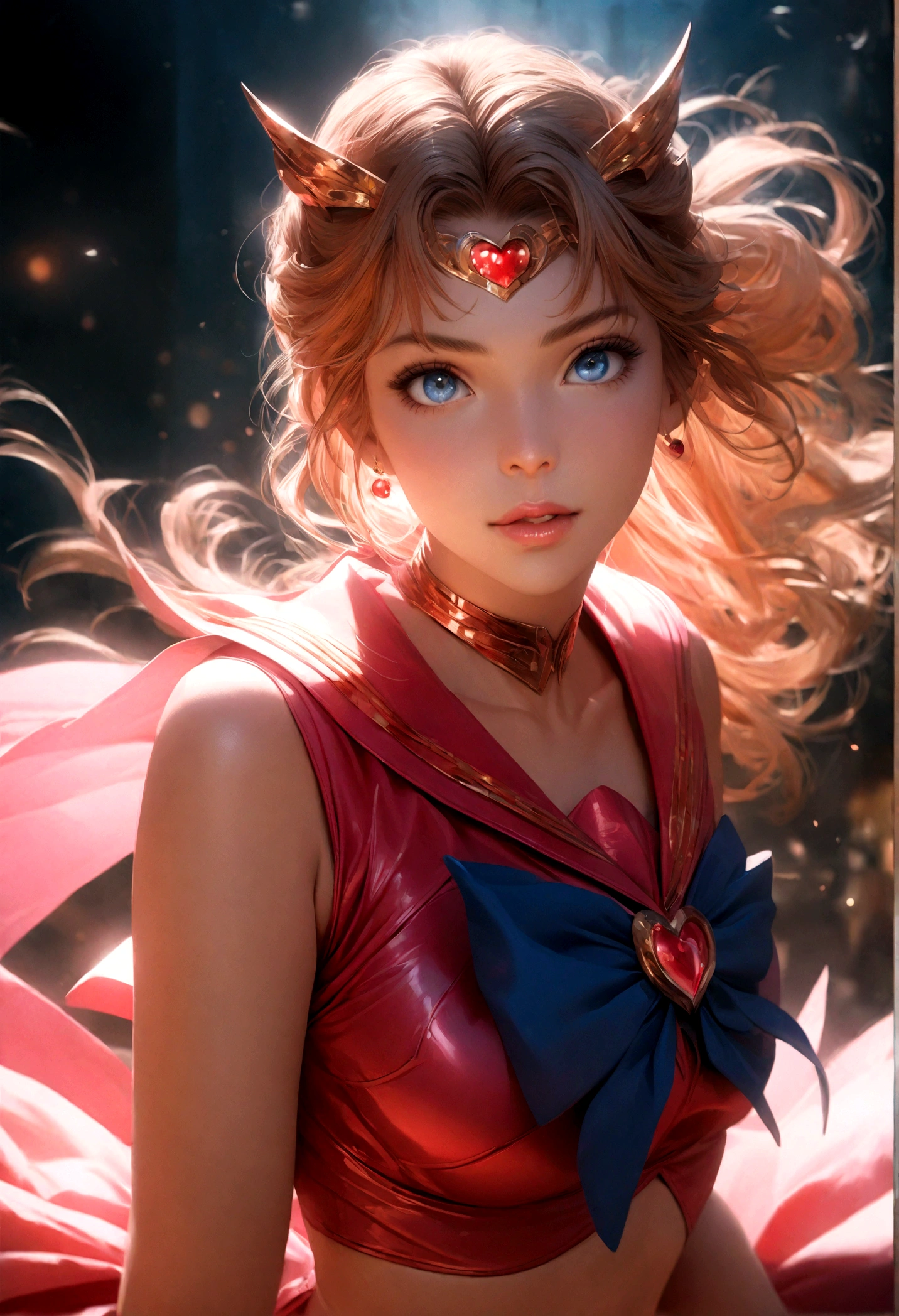 1girl, sailor venus, bishoujo senshi sailor moon, elegant detailed eyes, detailed facial features, long eyelashes, beautiful detailed lips, elegant detailed pose, highly detailed, masterpiece, 4k, hyper realistic, photorealistic, cinematic lighting, dynamic composition, intricate details, vibrant colors, soft dreamy atmosphere, magical girl fantasy, full body shot