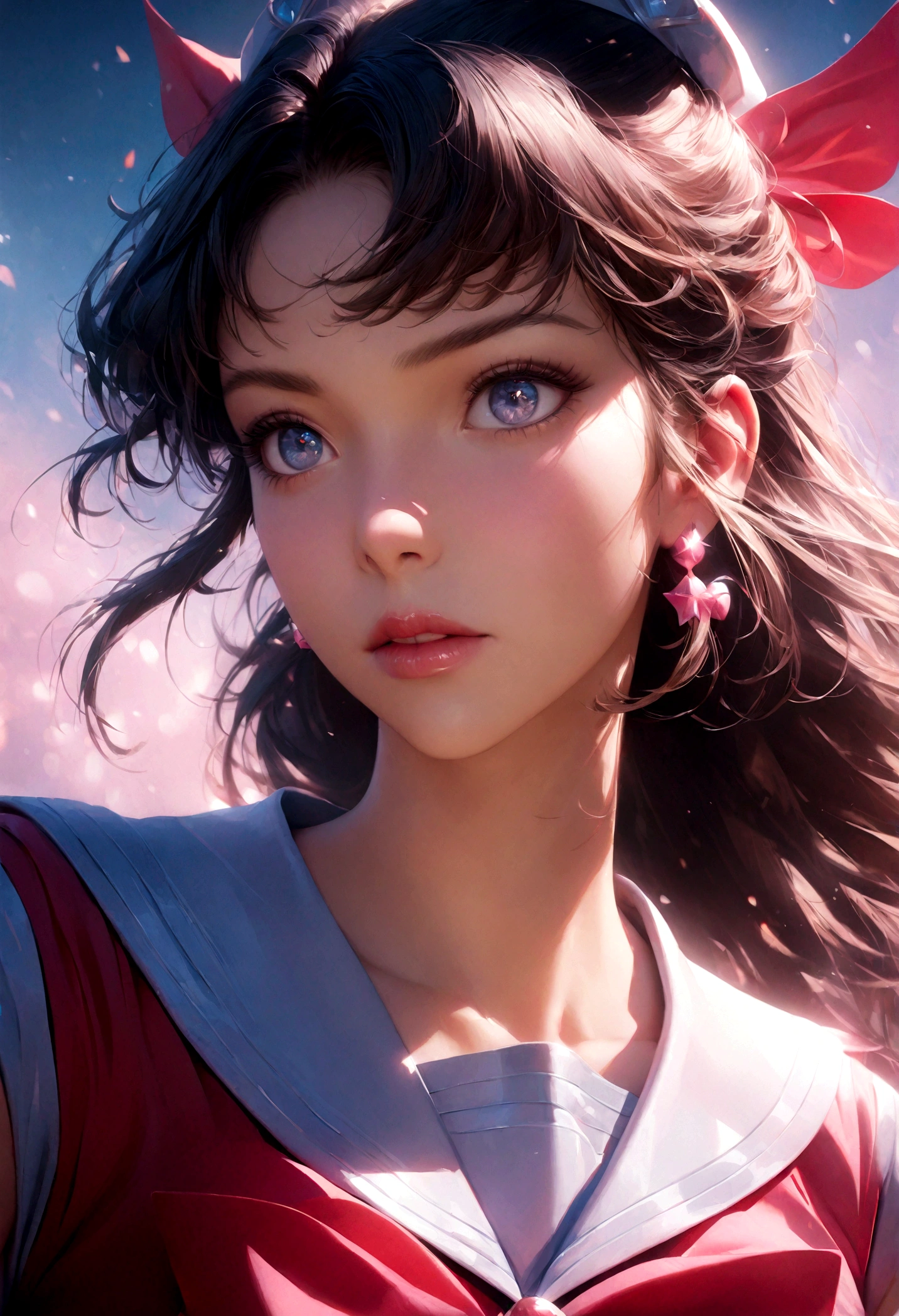 1girl, sailor mars, bishoujo senshi sailor moon, elegant detailed eyes, detailed facial features, long eyelashes, beautiful detailed lips, elegant detailed pose, highly detailed, masterpiece, 4k, hyper realistic, photorealistic, cinematic lighting, dynamic composition, intricate details, vibrant colors, soft dreamy atmosphere, magical girl fantasy