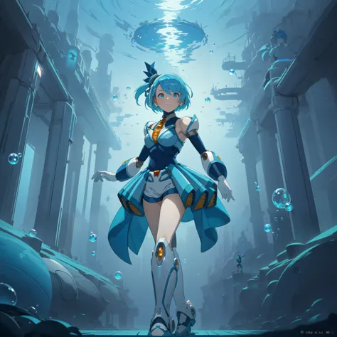 rico_megamanxdive, 1girl, solo, blue eyes, short hair, blue hair, android, high quality, masterpiece, standing in an underwater ...