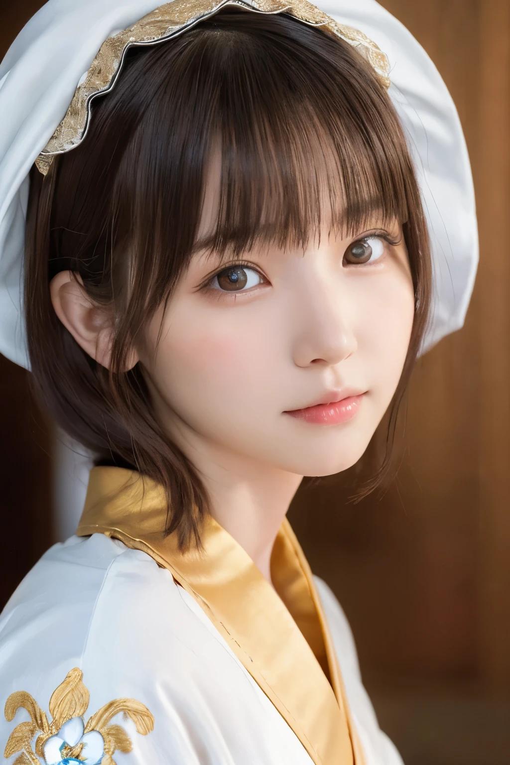 one girl, (a beauty girl, delicate girl:1.3), (:1.3),
break, (Shiromuku, white kimono, gold embroidery, june bride:1.3),
break, very fine eyes, (symmetrical eyes:1.3),
break, (small breasts:0.5), brown eyes, parted bangs, brown hair,
break, (eyes and faces with detailed:1.0),
break, (masterpiece, best quality, ultra detailed, detailed face, 8k)