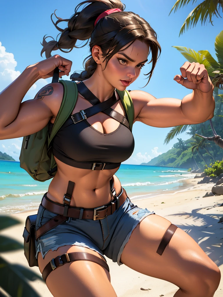 1 fille. Lara croft mince, gros seins, tonique, athlétique. Cheveux bruns en longue queue de cheval tressée, yeux marrons, porter le costume de Lara Croft (haut dos nu bleu clair, micro short marron, ceinture en cuir, harnais tactique, sac à dos en toile.pistolets.sur une plage tropicale.poses d&#39;action dynamiques de pin-up