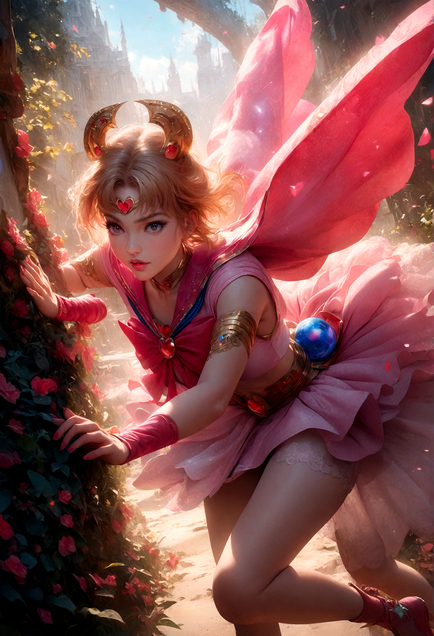 1girl, sailor moon, bishoujo senshi sailor moon, elegant detailed eyes, detailed facial features, long eyelashes, beautiful detailed lips, elegant detailed pose, highly detailed, masterpiece, 4k, hyper realistic, photorealistic, cinematic lighting, dynamic composition, intricate details, vibrant colors, soft dreamy atmosphere, magical girl fantasy, full body shot