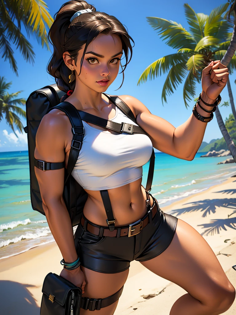 1 chica. Lara croft delgada, pechos grandes, tonificado, athletic.sosteniendo machete. Cabello castaño recogido en una larga cola de caballo trenzada., Ojos cafés, disfrazada de lara croft (top sin mangas azul claro, pantalones cortos micro marrones, cinturón de cuero, Arnés táctico, mochila de lona.pistolas.En una playa tropical.poses pinup de acción dinámica