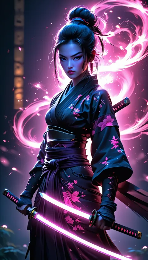 Samurai, 25yo woman, hyperrealism, very detailed skin, 4k,,, AshleyWoodArtAI,, katana profile picture, Organic Painting, night t...