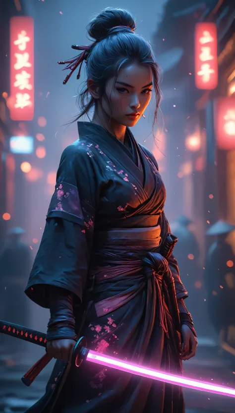 samurai, 25yo woman, hyperrealism, very detailed skin, 4k,,, ashleywoodartai,, katana profile picture, organic painting, night t...