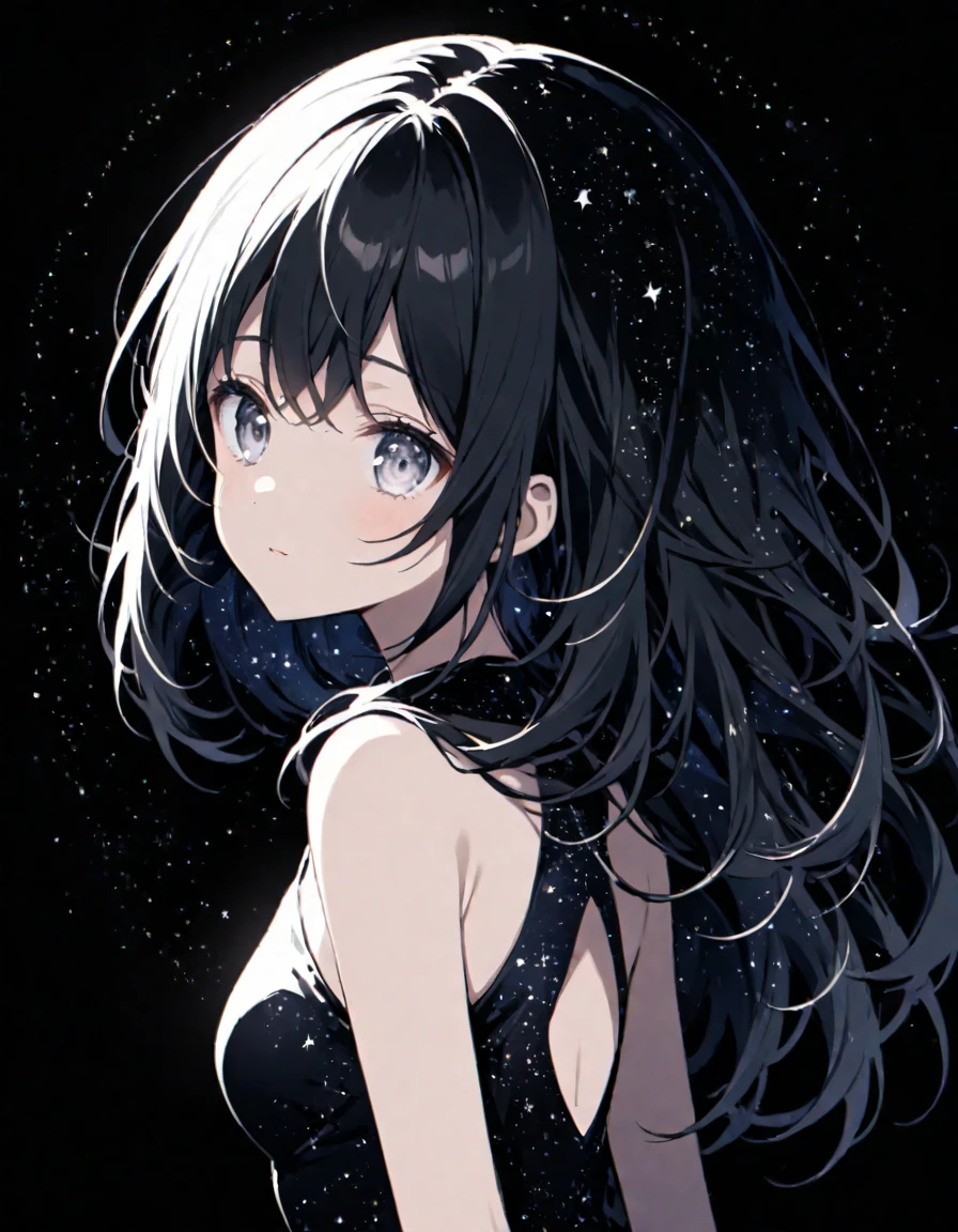 Silhouette of a girl on a black background, body in the form of a starry sky, white eyes, a black hole is distantly visible in the hair