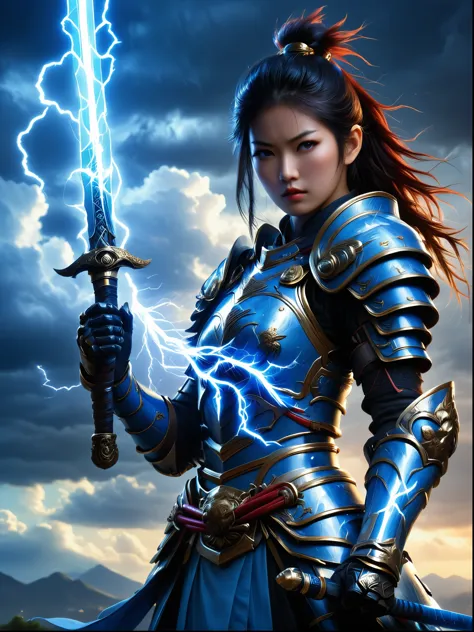 Strong female warriors with Japanese characteristics，Wearing traditional Japanese armor，The armor glows blue，Similar to lightnin...