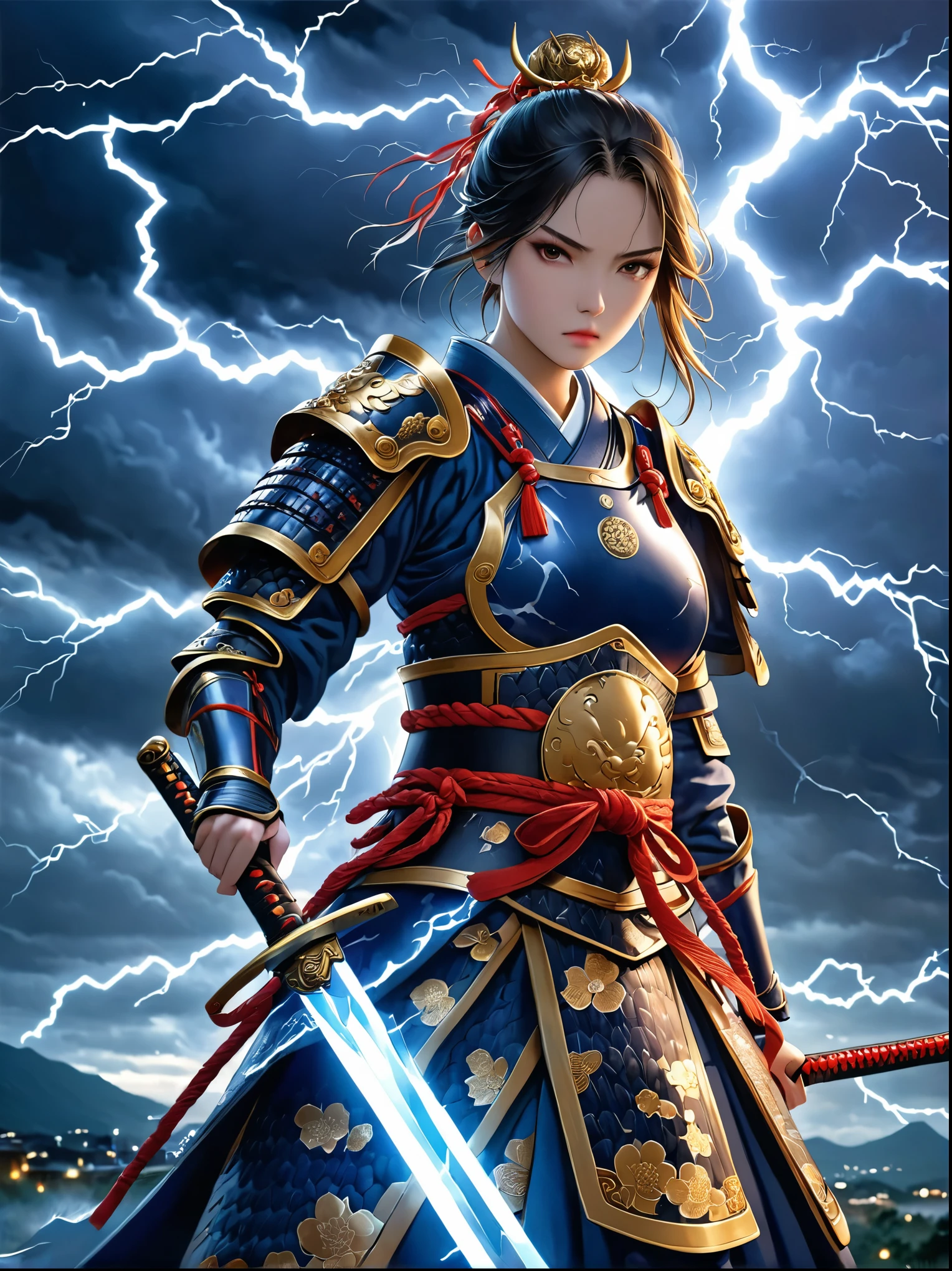 Strong female warriors with Japanese characteristics，Wearing traditional Japanese armor，The armor glows blue，Similar to lightning，Serious expression，Holding a clear crystal samurai sword，Surrounded by electricity，Stormy sky in the background，Occasional flashes of lightning illuminate the dramatic scene.，Photography style，Super Detail，Anatomically correct, masterpiece, accurate, textured skin, super detail, high details, award winning, 8k