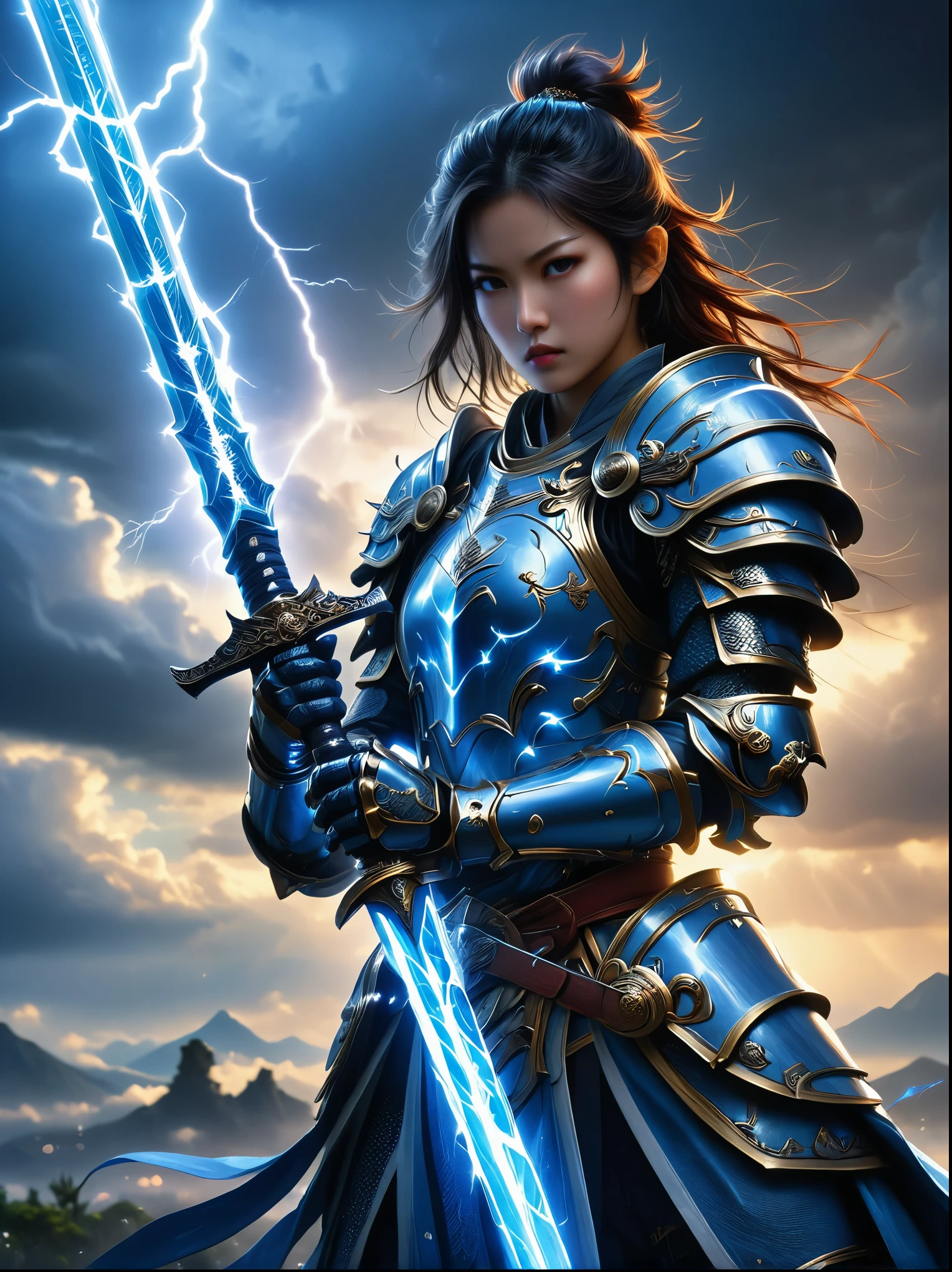 Strong female warriors with Japanese characteristics，Wearing traditional Japanese armor，The armor glows blue，Similar to lightning，Serious expression，Holding a clear crystal samurai sword，Surrounded by electricity，Stormy sky in the background，Occasional flashes of lightning illuminate the dramatic scene.，Photography style，Super Detail，Anatomically correct, masterpiece, accurate, textured skin, super detail, high details, award winning, 8k
