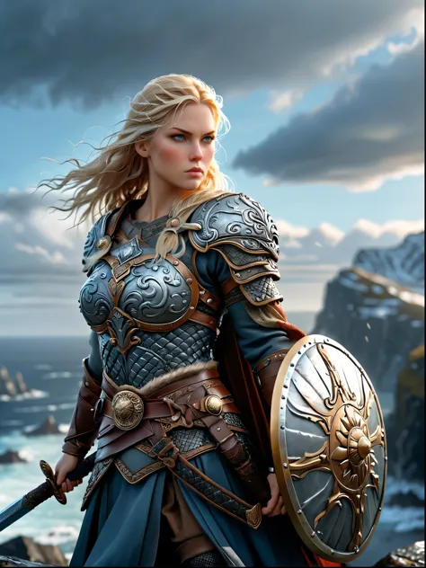 Nordic Viking female warrior，Armed with a large shield and a double-edged sword，The helmet is beside me，Strong build，Blonde hair...