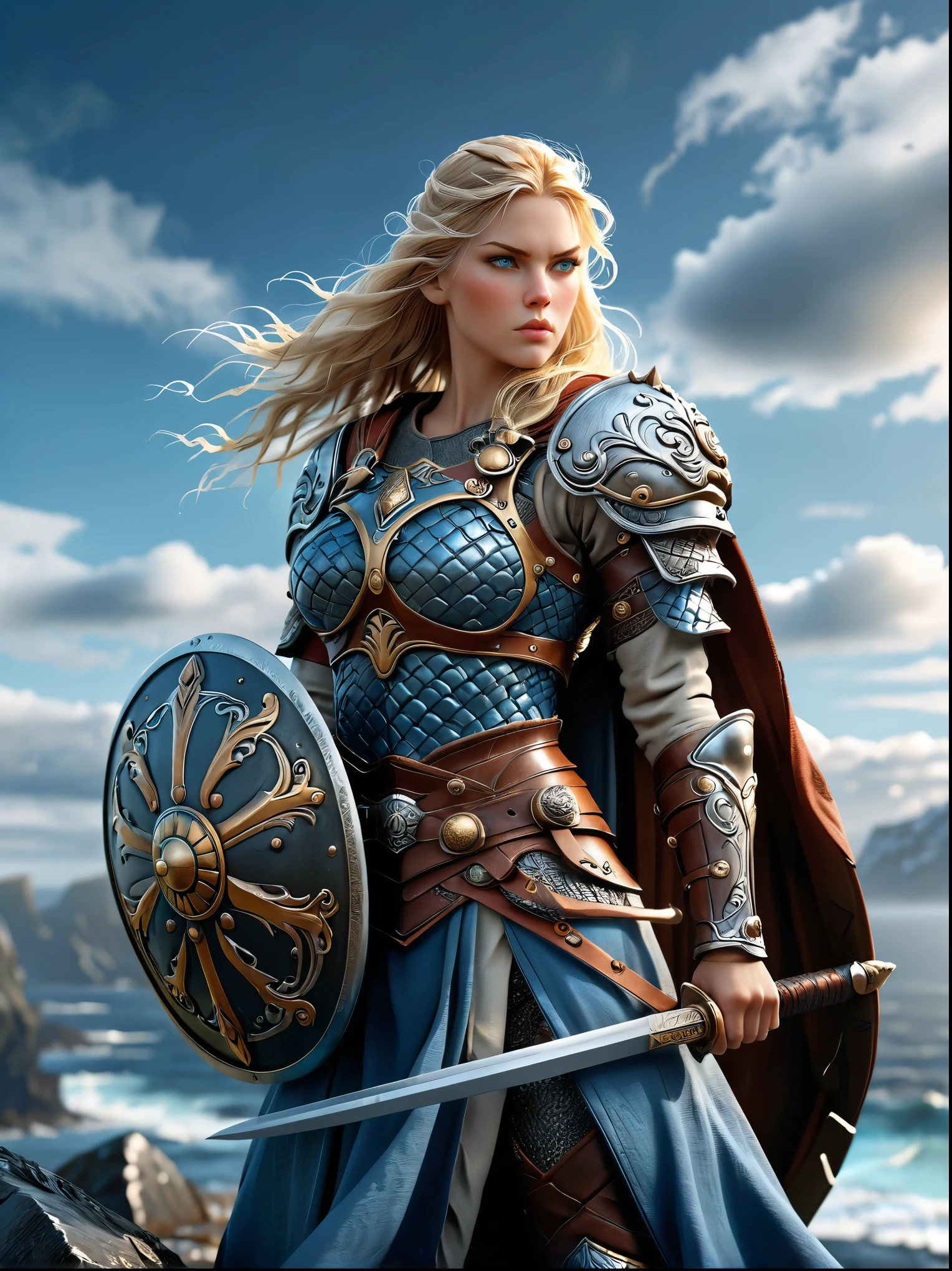 Nordic Viking female warrior，Armed with a large shield and a double-edged sword，The helmet is beside me，Strong build，Blonde hair fluttering wildly in the cold wind，Sky blue eyes，Nordic patterns on clothing，The background depicts the rugged coastline of the cold North Sea.，full-body shot，Cartoon Style，Super Detail，Anatomically correct, masterpiece, accurate, textured skin, super detail, high details, award winning, 8k