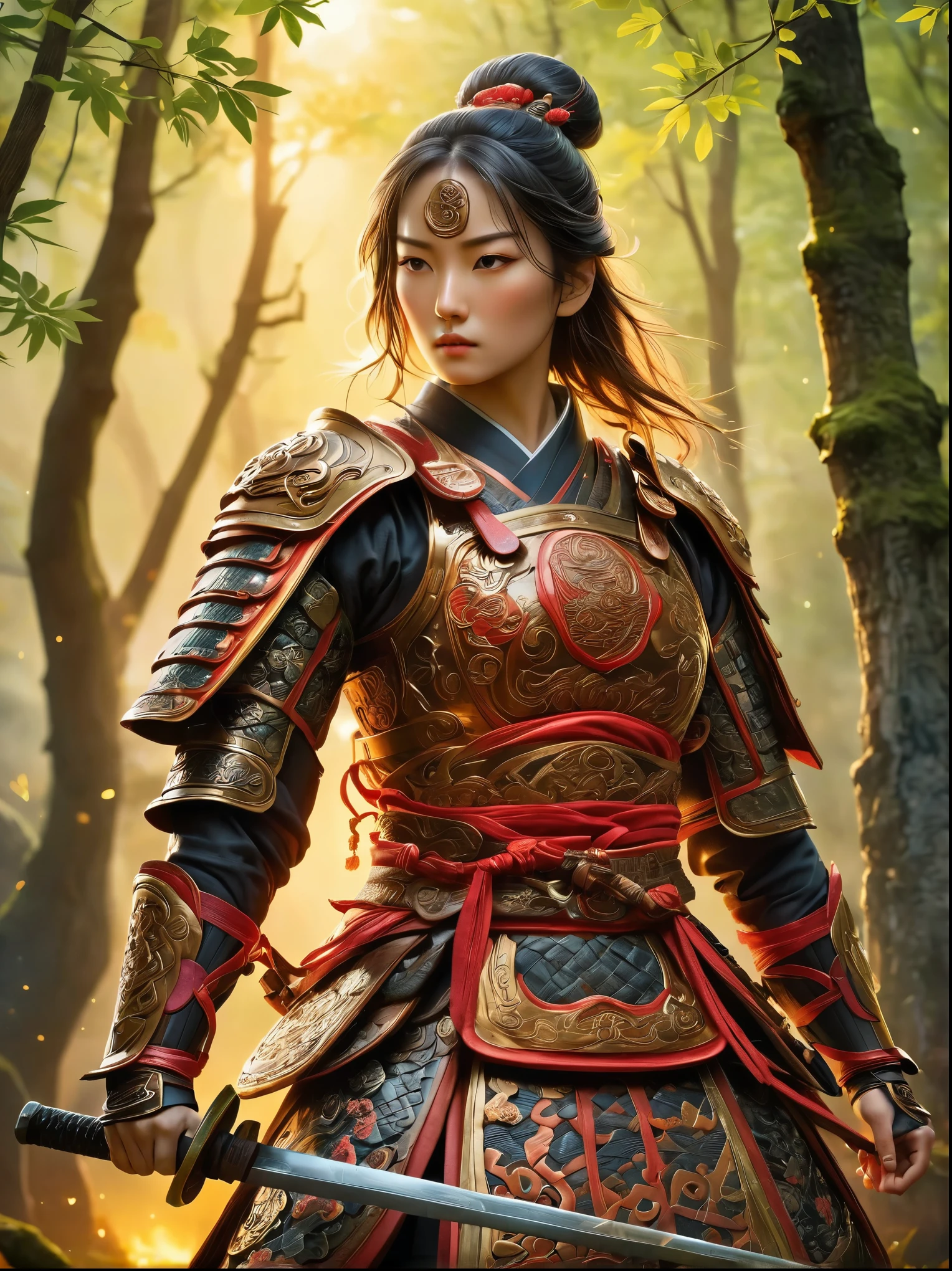 Fierce female warrior of Celtic descent，Wearing traditional samurai armor，The armor is intricately decorated with Celtic symbols，Dynamic poses，Bright Lights，Combination of natural light and weak artificial lighting，Fascinating chiaroscuro effect，The atmosphere of an 18th century woodcut，Bright colors，Exquisite details，Mysterious forest，Cherry tree，Celtic ruins，The seamless fusion of two cultural elements creates an epic sense of adventure and honor，A true reflection of the essence of Japanese and Celtic traditions，full-body shot，Cartoon Style，Super Detail，Anatomically correct, masterpiece, accurate, textured skin, super detail, high details, award winning, 8k