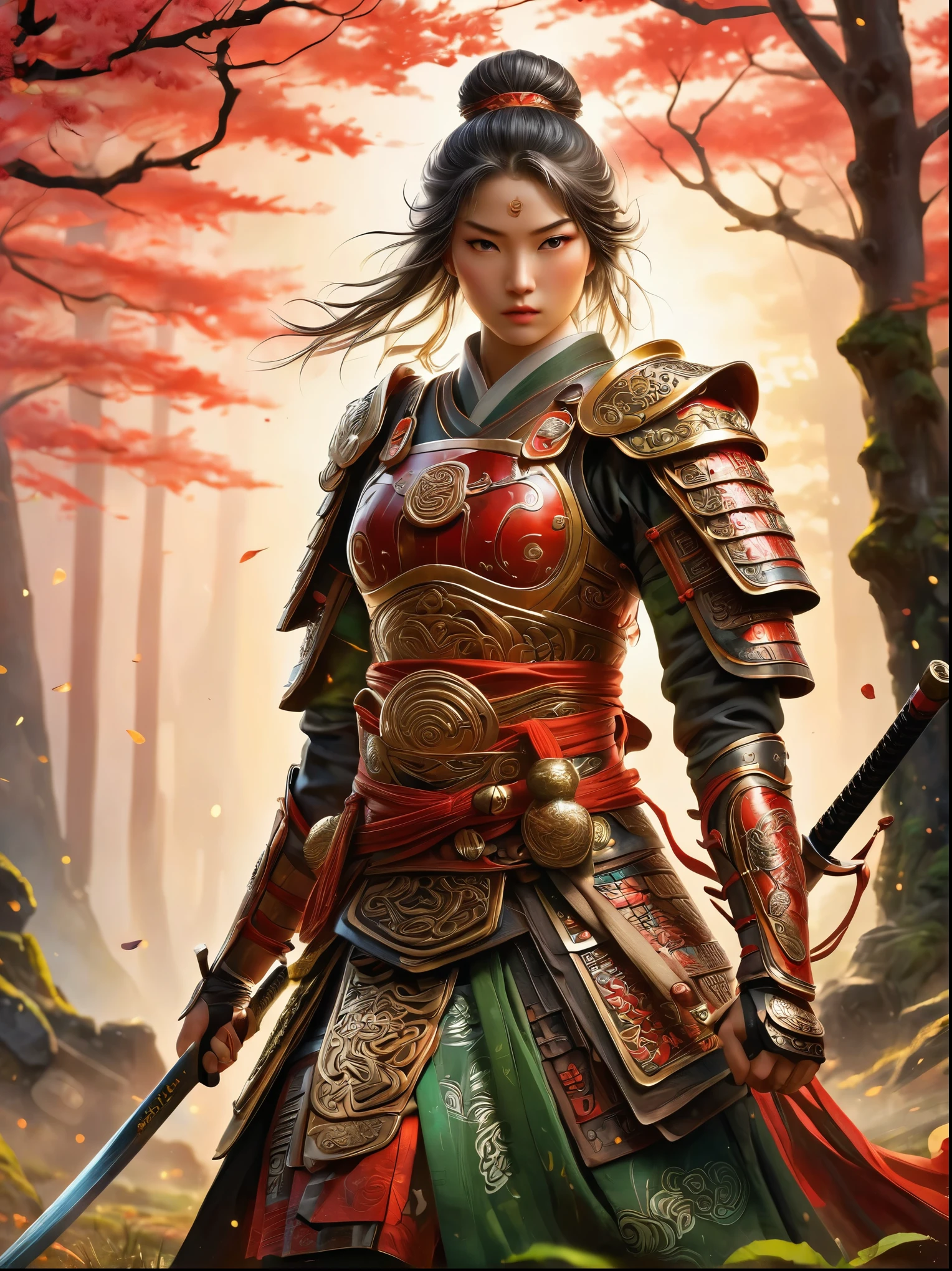 Fierce female warrior of Celtic descent，Wearing traditional samurai armor，The armor is intricately decorated with Celtic symbols，Dynamic poses，Bright Lights，Combination of natural light and weak artificial lighting，Fascinating chiaroscuro effect，The atmosphere of an 18th century woodcut，Bright colors，Exquisite detailysterious forest，Cherry tree，Celtic ruins，The seamless fusion of two cultural elements creates an epic sense of adventure and honor，A true reflection of the essence of Japanese and Celtic traditions，full-body shot，Cartoon Style，Super Detail，Anatomically correct, masterpiece, accurate, textured skin, super detail, high details, award winning, 8k