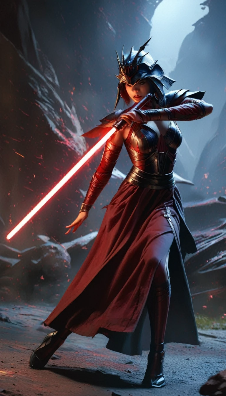 (full body shot:1.4), female warrior, sith lord, star ears, red lightsaber, intricate details, dramatic lighting, dark fantasy, chiaroscuro, cinematic composition, dramatic pose, dynamic action, moody atmosphere, deep shadows, vibrant colors, photorealistic, 8k, masterpiece