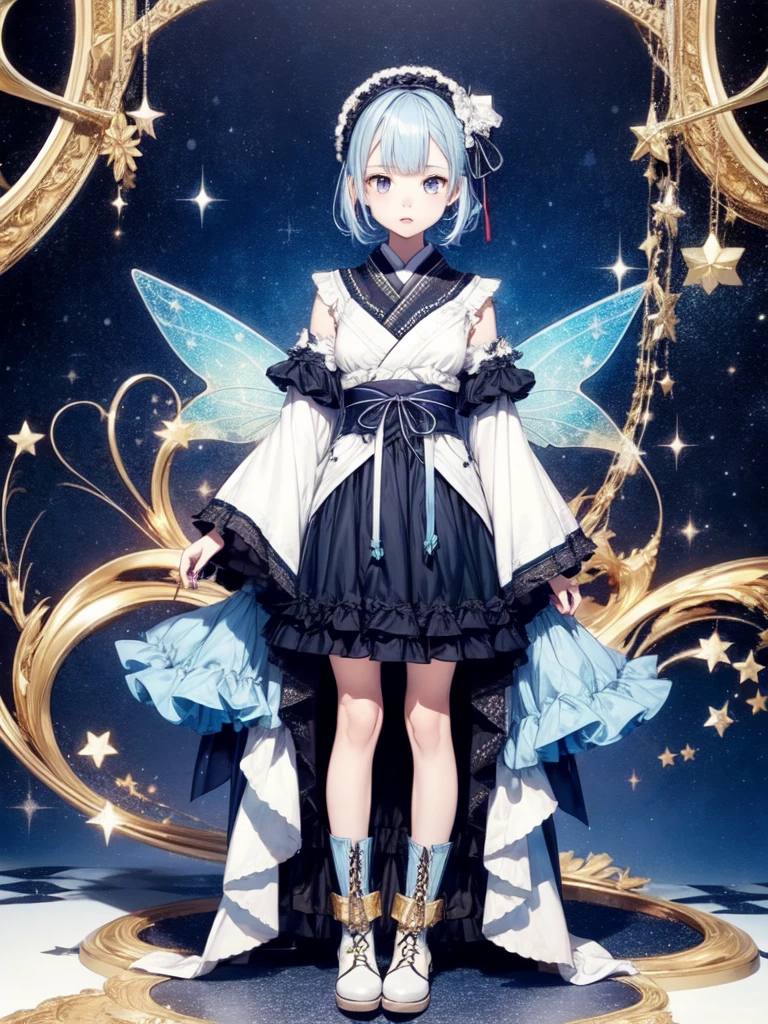 (((1girl)))、Star Fairy、vtuber-fullbody、(((highest quality、Masterpiece、The best composition、Golden Ratio、Official Art、Super detailed、Super detailedな目)))、ultra detailed, from front, headshot、 blue and white hair color、Short bangs above eyebrows、Short Hair、Standing in front of the viewer、A galaxy patterned outfit made from a remake of kimono and gothic lolita, with dark blue and light blue as the main colors.、The sleeves are long and the hands are hidden、Knee-high boots、Pure white simple background、