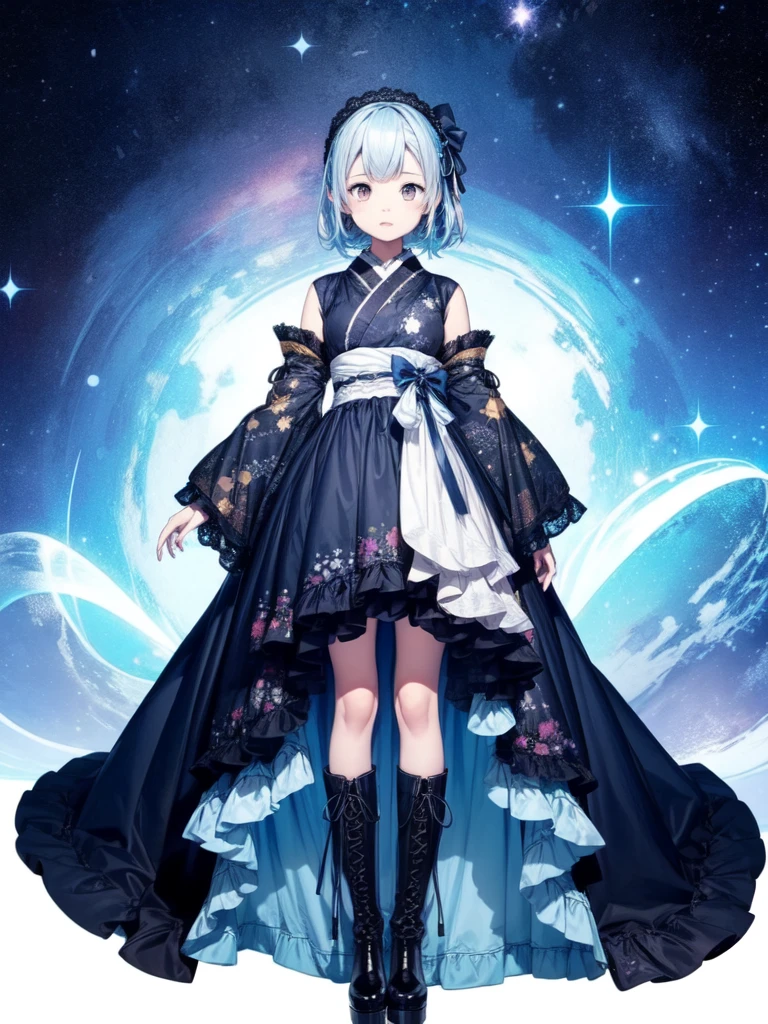 (((1fille)))、Fée des étoiles、vtuber-fullbody、(((la plus haute qualité、chef-d&#39;œuvre、La meilleure composition、nombre d&#39;or、art officiel、Super détaillé、Super détailléな目)))、ultra détaillé, de face, photo du visage、 Couleur des cheveux bleus et blancs、Frange courte au-dessus des sourcils、cheveux courts、debout devant le spectateur、Une tenue aux motifs galaxies réalisée à partir d&#39;un remake de kimono et de lolita gothique, avec le bleu foncé et le bleu clair comme couleurs principales.、Les manches sont longues et les mains sont cachées、Bottes hauteur genou、Fond simple blanc pur、