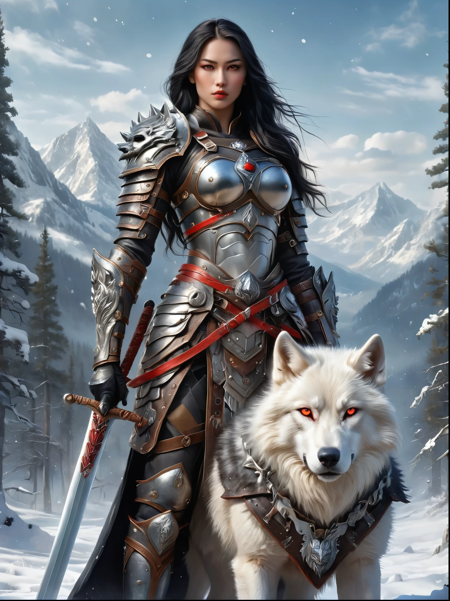 north female warrior，Wears a steel breastplate with wolf decoration，Lined with wolf leather，Lined leather amulet，Black long hair，Violet eyes，Wielding a long sword，(1 red-eyed albino direwolf standing beside her)，Mountains，Quiet snow forest，full-body shot，Cartoon Style，Super Detail，Anatomically correct, masterpiece, accurate, textured skin, super detail, high details, award winning, 8k