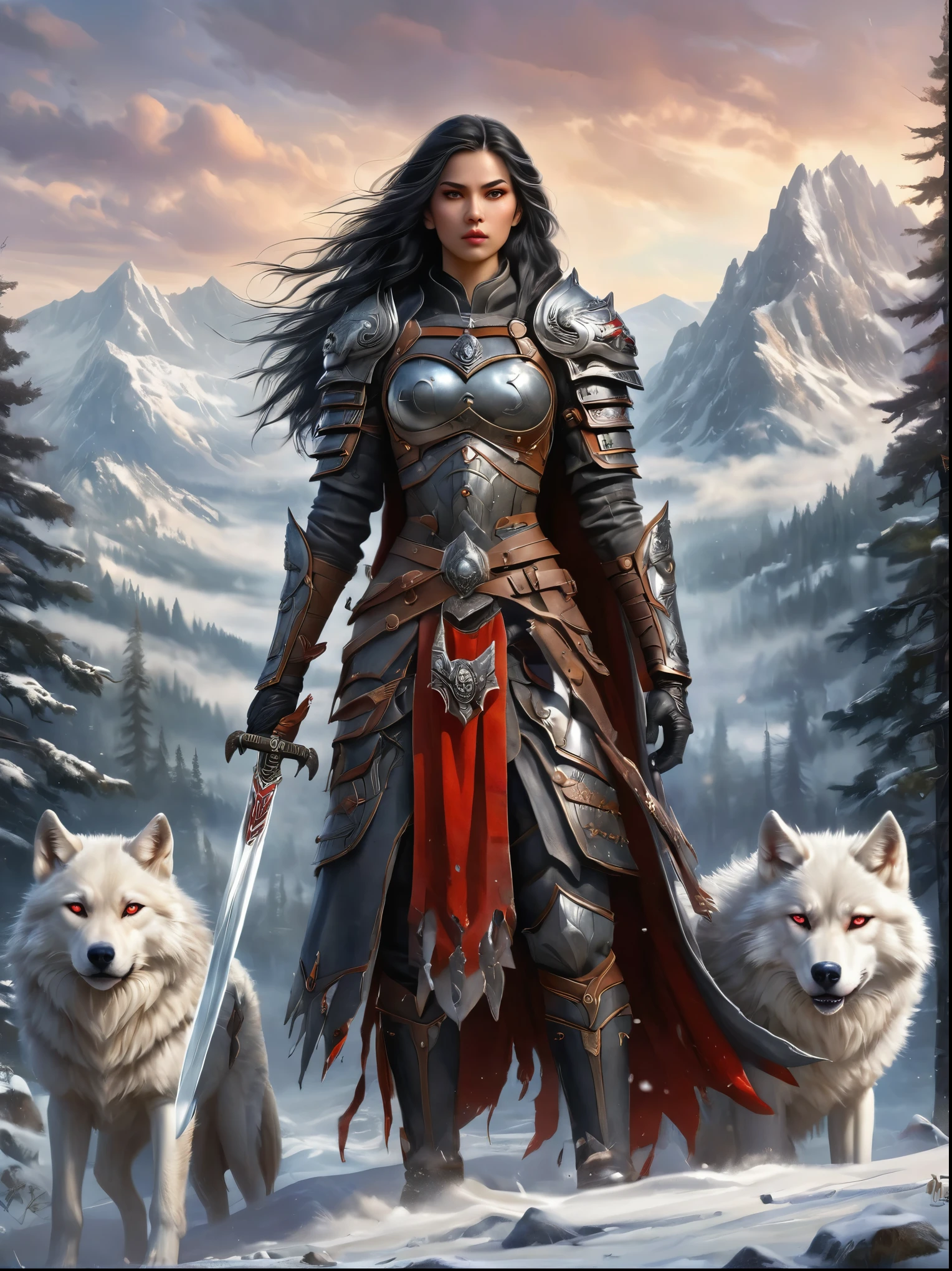 north female warrior，Wears a steel breastplate with wolf decoration，Lined with wolf leather，Lined leather amulet，Black long hair，Violet eyes，Wielding a long sword，(1 red-eyed albino direwolf standing beside her)，Mountains，Quiet snow forest，full-body shot，Cartoon Style，Super Detail，Anatomically correct, masterpiece, accurate, textured skin, super detail, high details, award winning, 8k