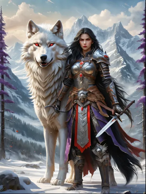north female warrior，Wears a steel breastplate with wolf decoration，Lined with wolf leather，Lined leather amulet，Black long hair...