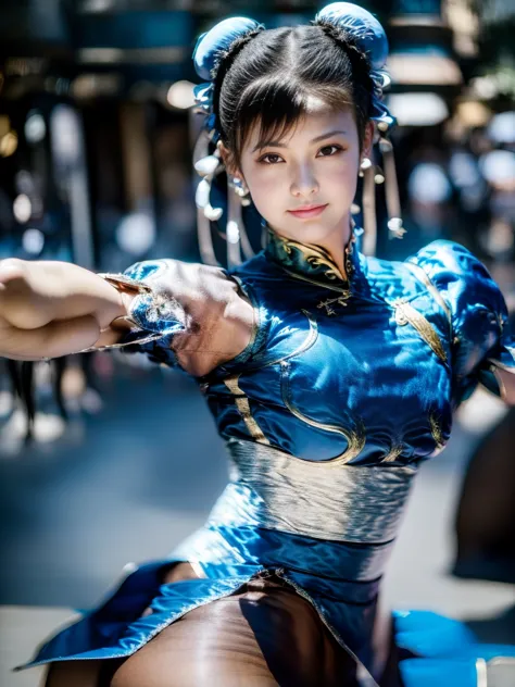 (((High Kick)))、Chun-Li from Street Fight II,The perfect Chun-Li costume,Blue Chinese dress with gold lines,Bun Head,Good cover,...