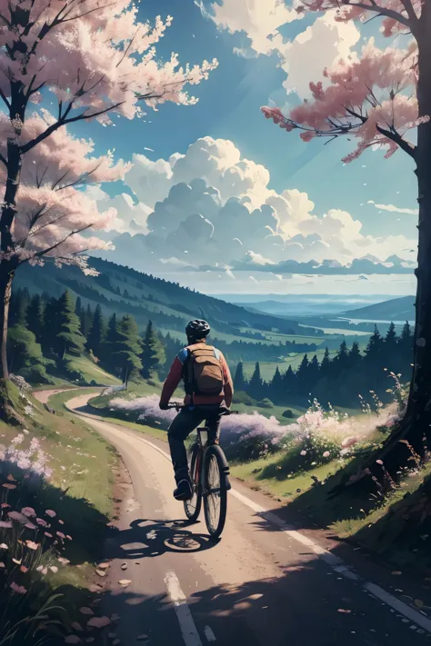 driving through the woods on a bike, young handsome guy, beautiful scenery around with flower blossom on the roadside, image cap...