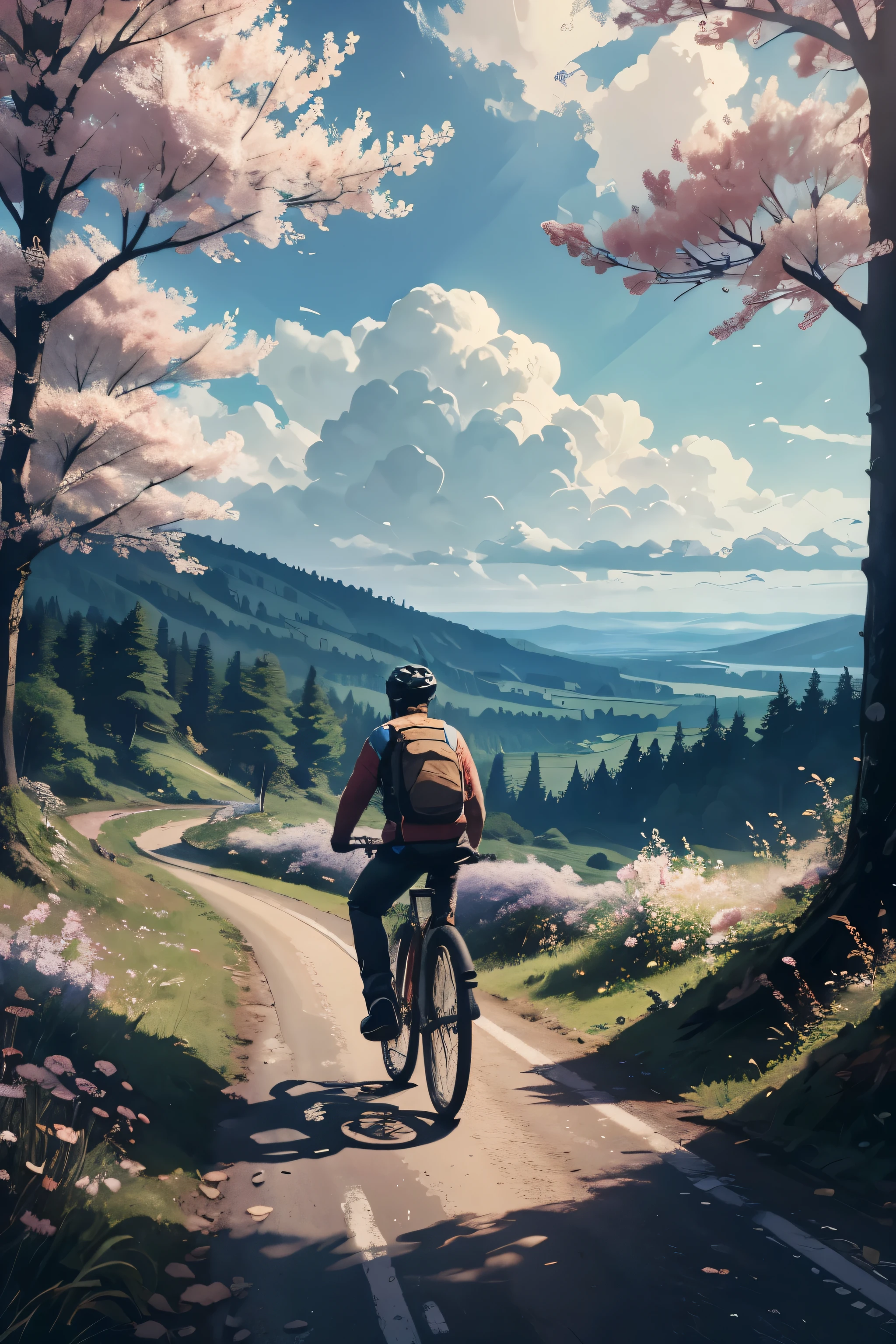 driving through the woods on a bike, young handsome guy, beautiful scenery around with flower blossom on the roadside, image capturing view from top behind 