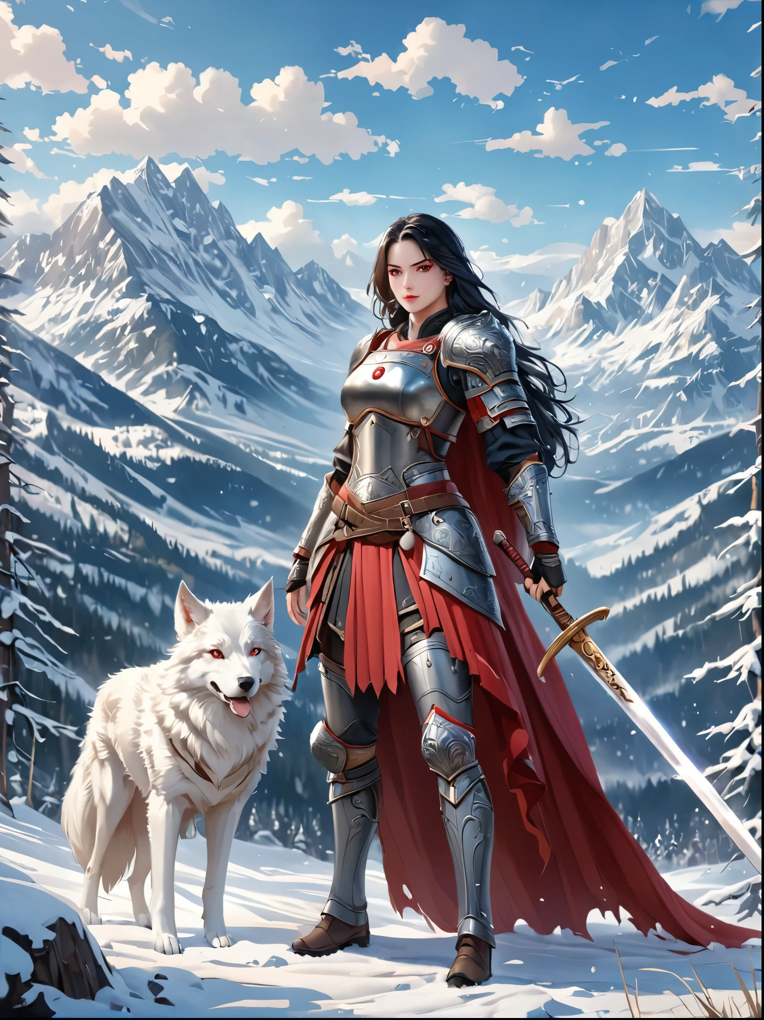 north female warrior，Wears a steel breastplate with wolf decoration，Lined with wolf leather，Lined leather amulet，Black long hair，Violet eyes，Wielding a long sword，(1 red-eyed albino direwolf standing beside her)，Mountains，Quiet snow forest，full-body shot，Cartoon Style，Super Detail，Anatomically correct, masterpiece, accurate, textured skin, super detail, high details, award winning, 8k