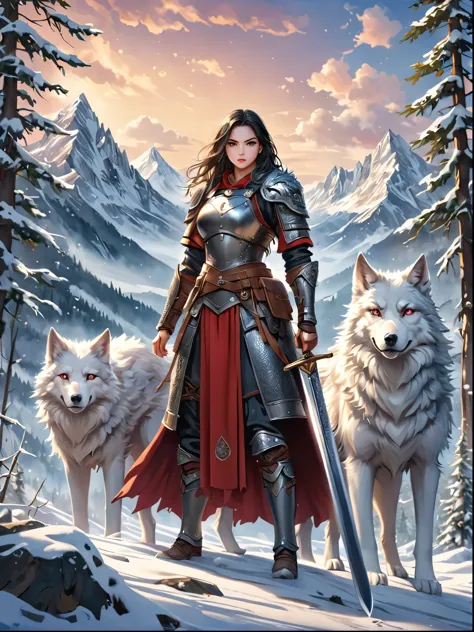 north female warrior，Wears a steel breastplate with wolf decoration，Lined with wolf leather，Lined leather amulet，Black long hair...