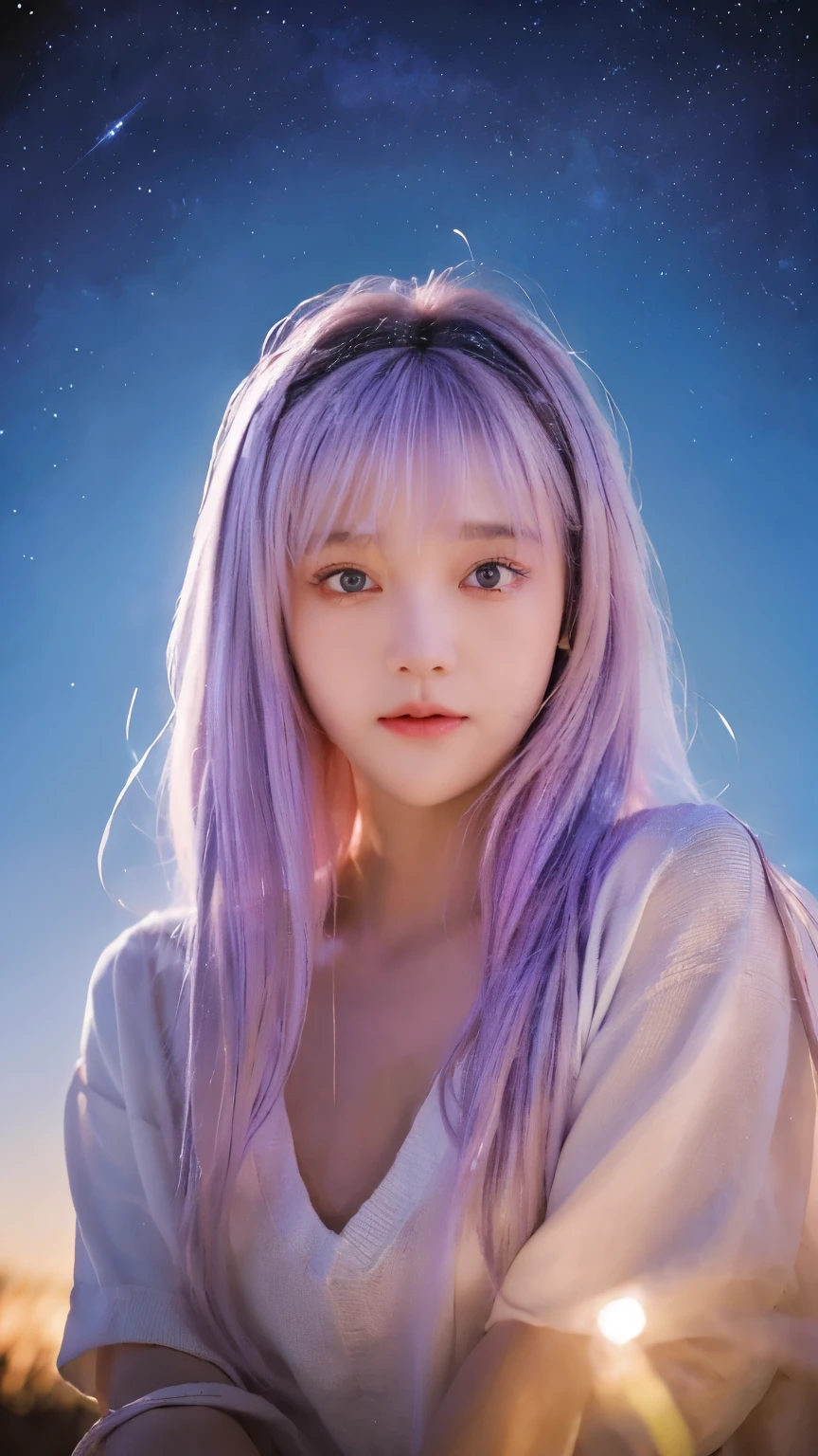((masterpiece、best quality):1.3、 (negative space:1.4)、 one girl、alone:1.4、 beautiful and delicate eyes、 Pastel pink and lavender hair pops out、 Lavender snow reflecting stars、 night、Under the starry sky、 Bright shining stars on background。