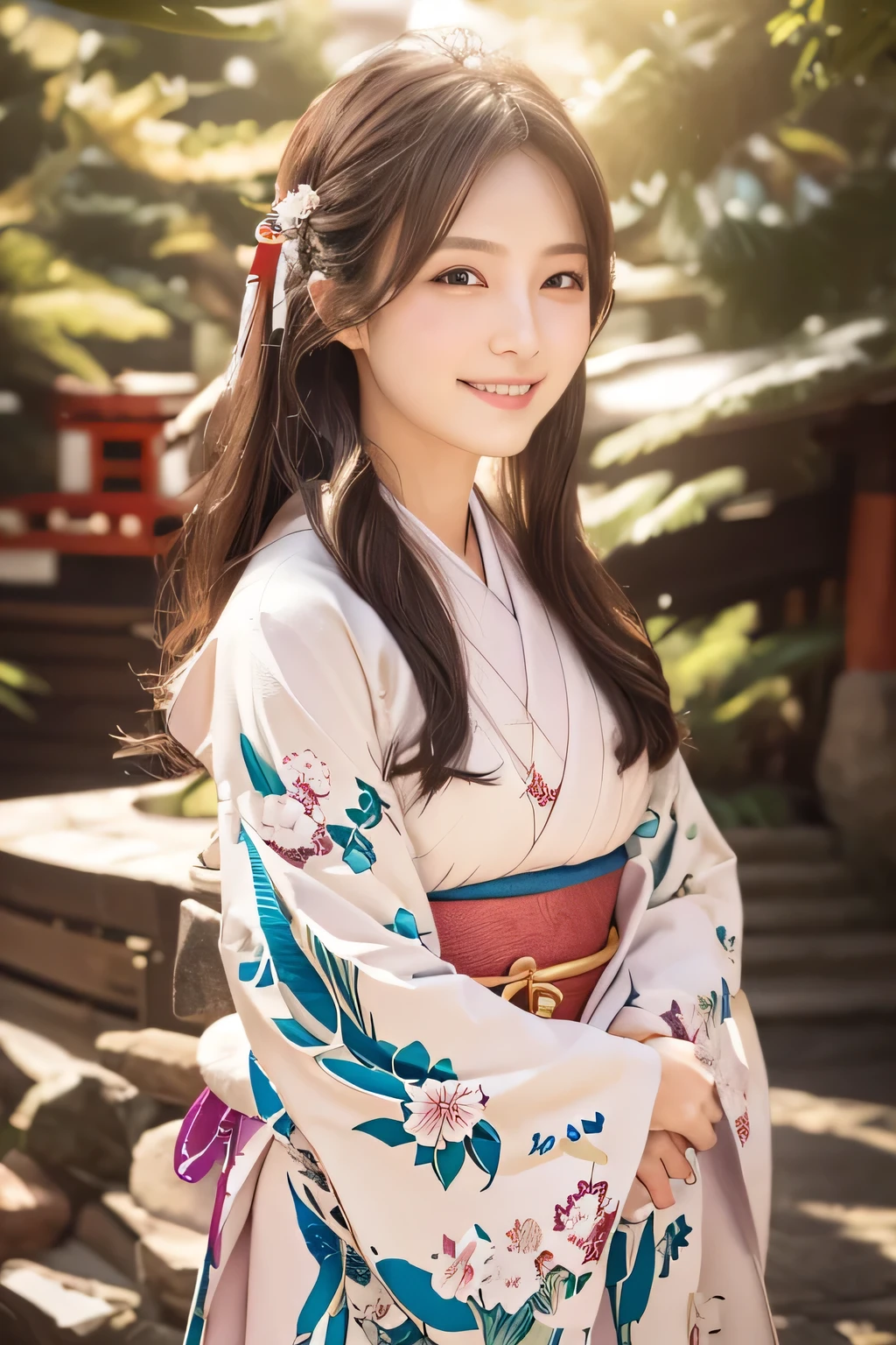 Japanese Model、Age 25、Natural Skin、170cm、60kg、whole body、front、Beautiful fine details, (Long Hair:1.2), (8k, highest quality, masterpiece:1.2), (Realistic, Realistic:1.37), Super detailed, 1 girl, cute, alone, (blush), (smile: 1.15), (Mouth closed)、Arms behind back、Blue kimono、looking at the camera、suit、　reading