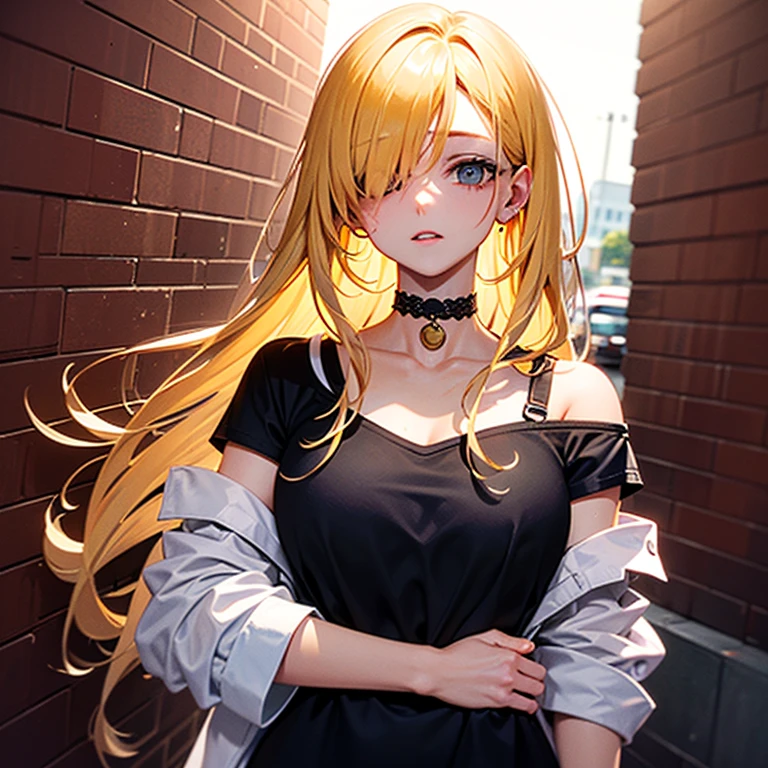 ultra realistic 8k cg, masterpiece, ((ultra detailed background, delicate pattern, intricate detail)), best quality, intricate details, chromatic aberration, 1girl, long hair, golden hair, messy hair, red highlights, hair over one eye, sharp eyes, choker, brick wall, graffiti, dim lighting, alley, oversized shirt,off shoulder, see through white shirt, Masterpiece, best quality