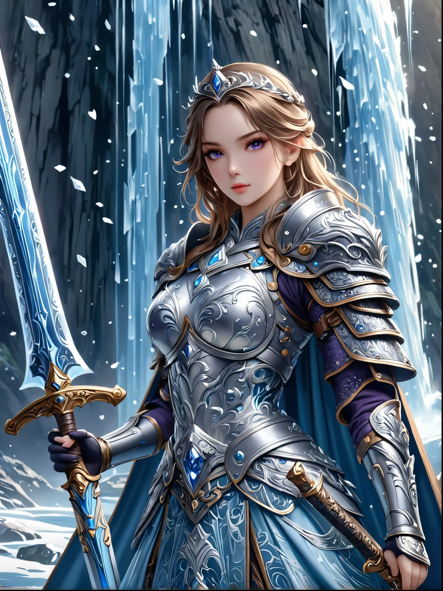 Fantasy World，Elegant female warrior，Dressed in stunning armor and costumes，Ice blue and silver，Decorated with intricate frost patterns，Gorgeous design，Wields a huge and beautiful two-handed greatsword，Cold and crystal，Her hair is a waterfall of noble silver，Dark purple eyes，full-body shot，Cartoon Style，Super Detail，Anatomically correct, masterpiece, accurate, textured skin, super detail, high details, award winning, 8k