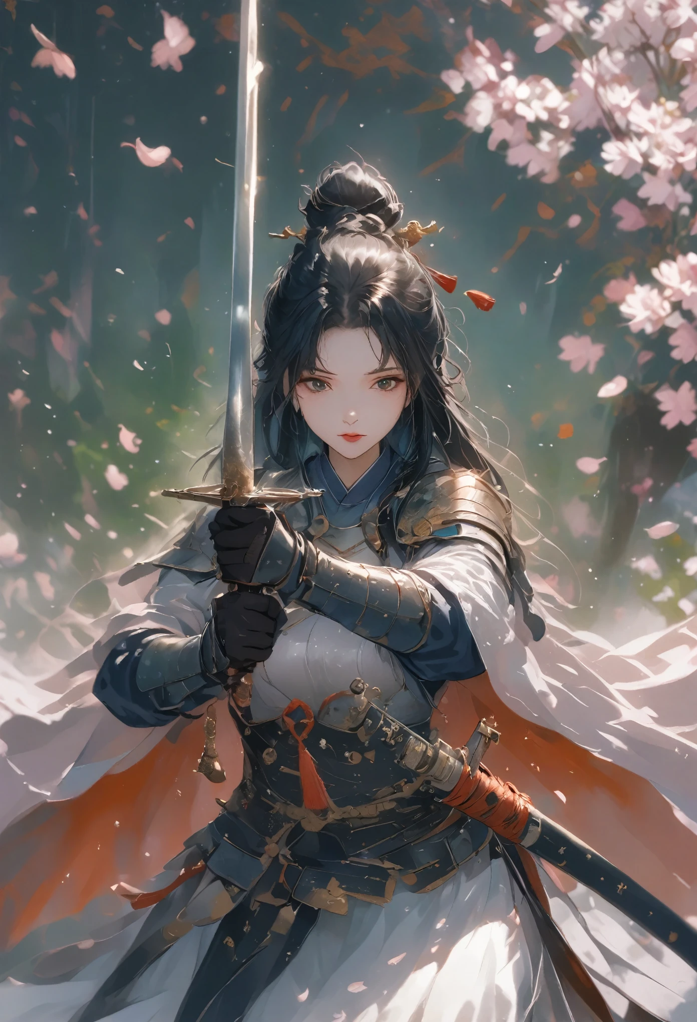 Solitary, 1 girl, Keep, arms, Male focus, trumpet, sword, cape, armor, warrior刀, helmet, Gloves, sheath, japanese armor, full armor, warrior，Cherry Blossoms，Cherry blossom petals flying background（（（masterpiece）））， （（best quality））， （（Intricate details））（8K）