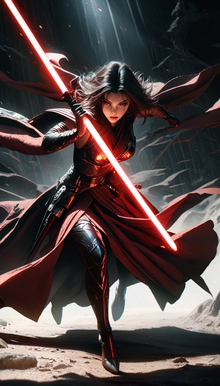 (full body shot:1.4), female warrior, sith lord, star ears, red lightsaber, intricate details, dramatic lighting, dark fantasy, chiaroscuro, cinematic composition, dramatic pose, dynamic action, moody atmosphere, deep shadows, vibrant colors, photorealistic, 8k, masterpiece