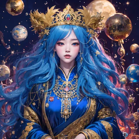 18 years old with blue hair wearing a gold crown and a blue wig, fantasy art style, ((a beautiful fantasy empress)), a beautiful...