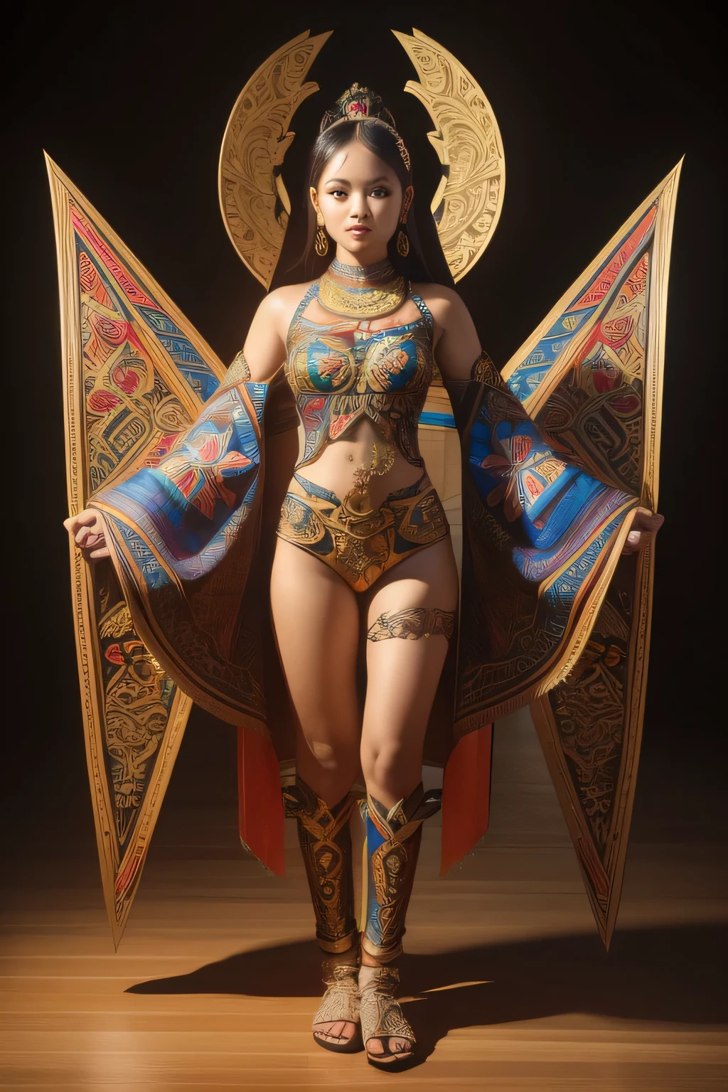 (nsfw:0.3), An Indonesian-styled futuristic suit worn by a girl depicting cultural fusion and modern fashion. The suit is adorned with intricate patterns and vibrant colors, showcasing the rich heritage of Indonesia. The girl stands confidently in a dynamic pose, with her detailed eyes reflecting determination and curiosity. The suit's material is a combination of traditional textiles and futuristic synthetic fabrics, giving it a unique and avant-garde appearance. The overall image quality is of the highest standard, with sharp focus and ultra-detailed rendering. The artwork employs physically-based rendering techniques, resulting in realistic lighting and shadows. The colors are vivid and vibrant, capturing the essence of Indonesian cultural aesthetics. The background features a fusion of modern architecture and traditional elements, creating a harmonious blend of the past and the future. The prompt explores the intersection of Indonesian culture, futuristic design, and the artistic representation of a confident girl.