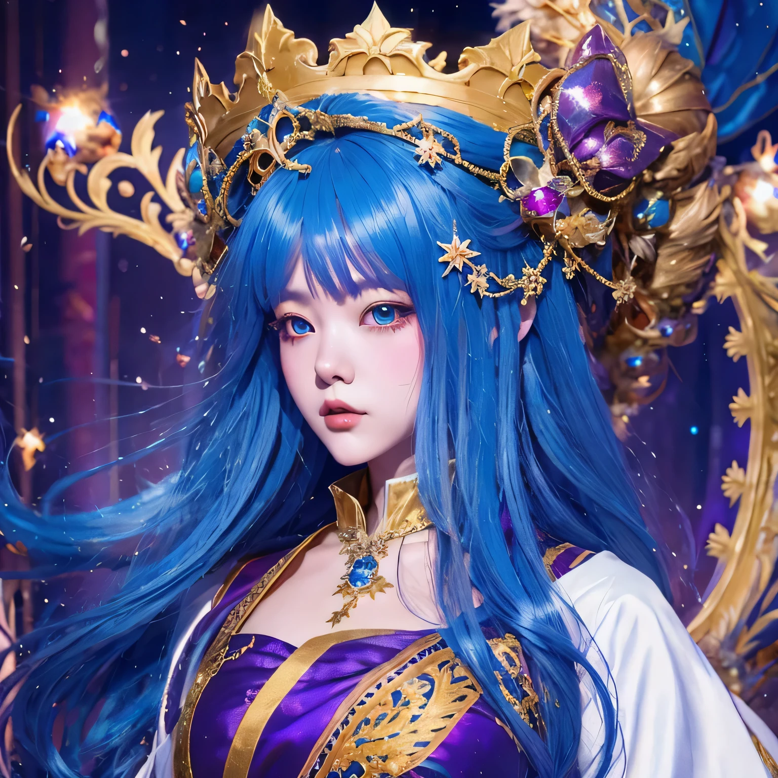 18 years old with blue hair wearing a gold crown and a blue wig, fantasy art style, ((a beautiful fantasy empress)), a beautiful fantasy empress, artwork in the style of Girl, azure. detailed hair, 18 years old, palace ， a girl in hanfu, beautiful celestial mage, anime girl with cosmic hair