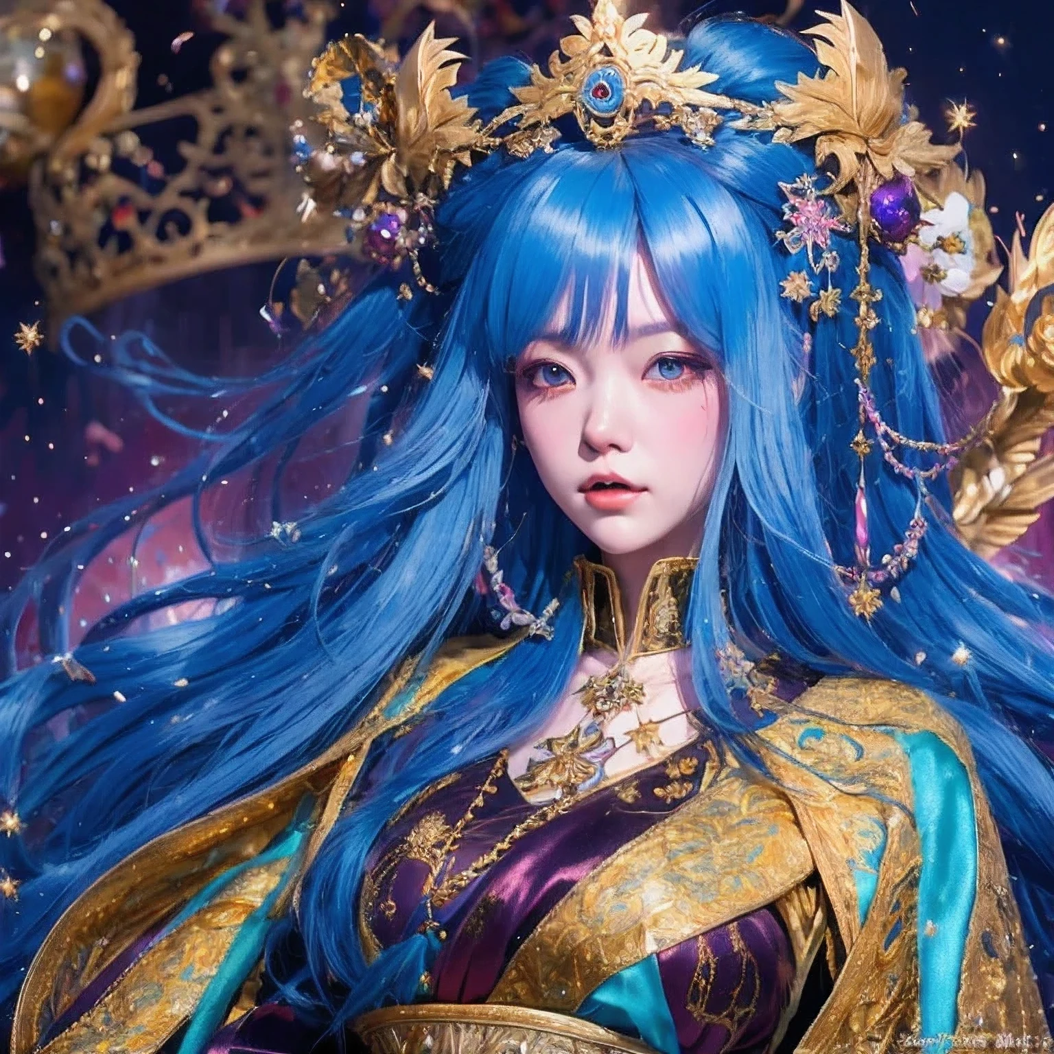 18 years old with blue hair wearing a gold crown and a blue wig, fantasy art style, ((a beautiful fantasy empress)), a beautiful fantasy empress, artwork in the style of Girl, azure. detailed hair, 18 years old, palace ， a girl in hanfu, beautiful celestial mage, anime girl with cosmic hair