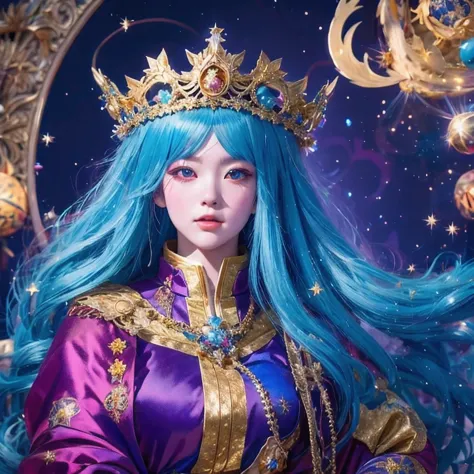 18 years old with blue hair wearing a gold crown and a blue wig, fantasy art style, ((a beautiful fantasy empress)), a beautiful...