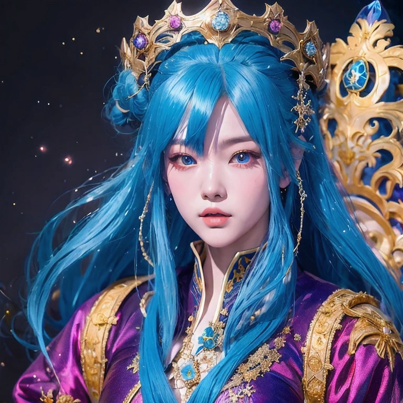 18 years old with blue hair wearing a gold crown and a blue wig, fantasy art style, ((a beautiful fantasy empress)), a beautiful fantasy empress, artwork in the style of Girl, azure. detailed hair, 18 years old, palace ， a girl in hanfu, beautiful celestial mage, anime girl with cosmic hair